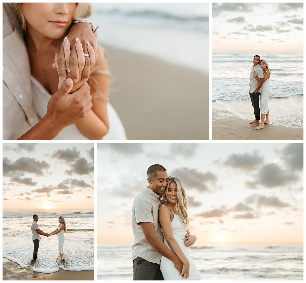 woman hugs man from behind during sunrise couples session