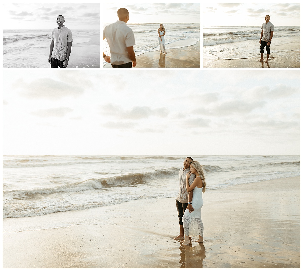 man and woman look out at ocean during sunrise couples session