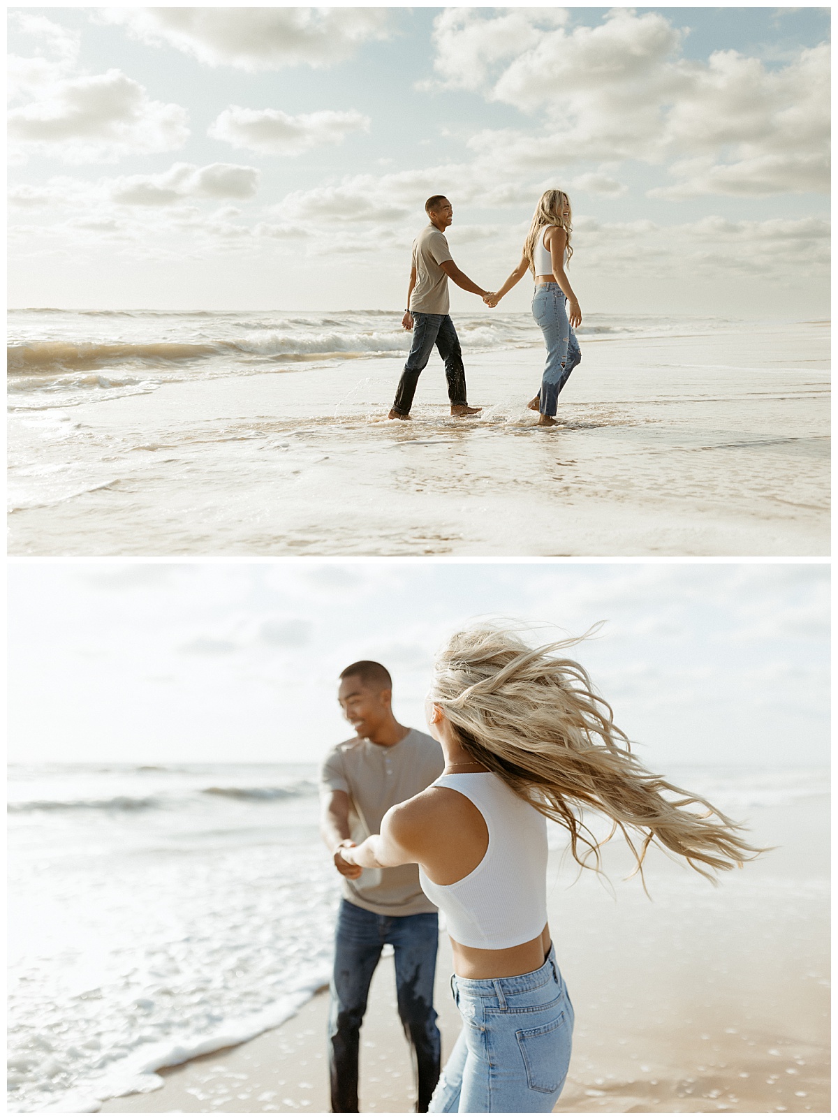 man spins woman around in waves by Nikki Meer Photography