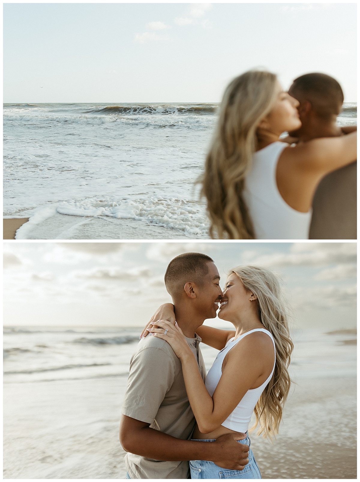 man and woman lean in for a kiss during sunrise couples session