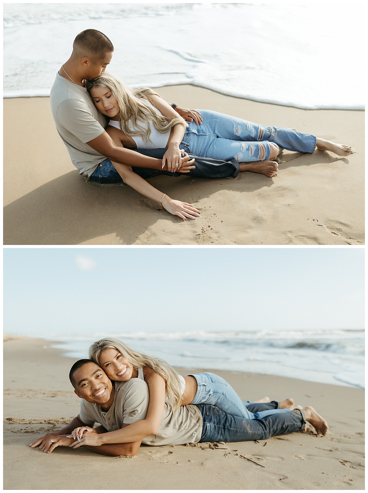 guy and girl lay on sand together by Virginia Beach photographer