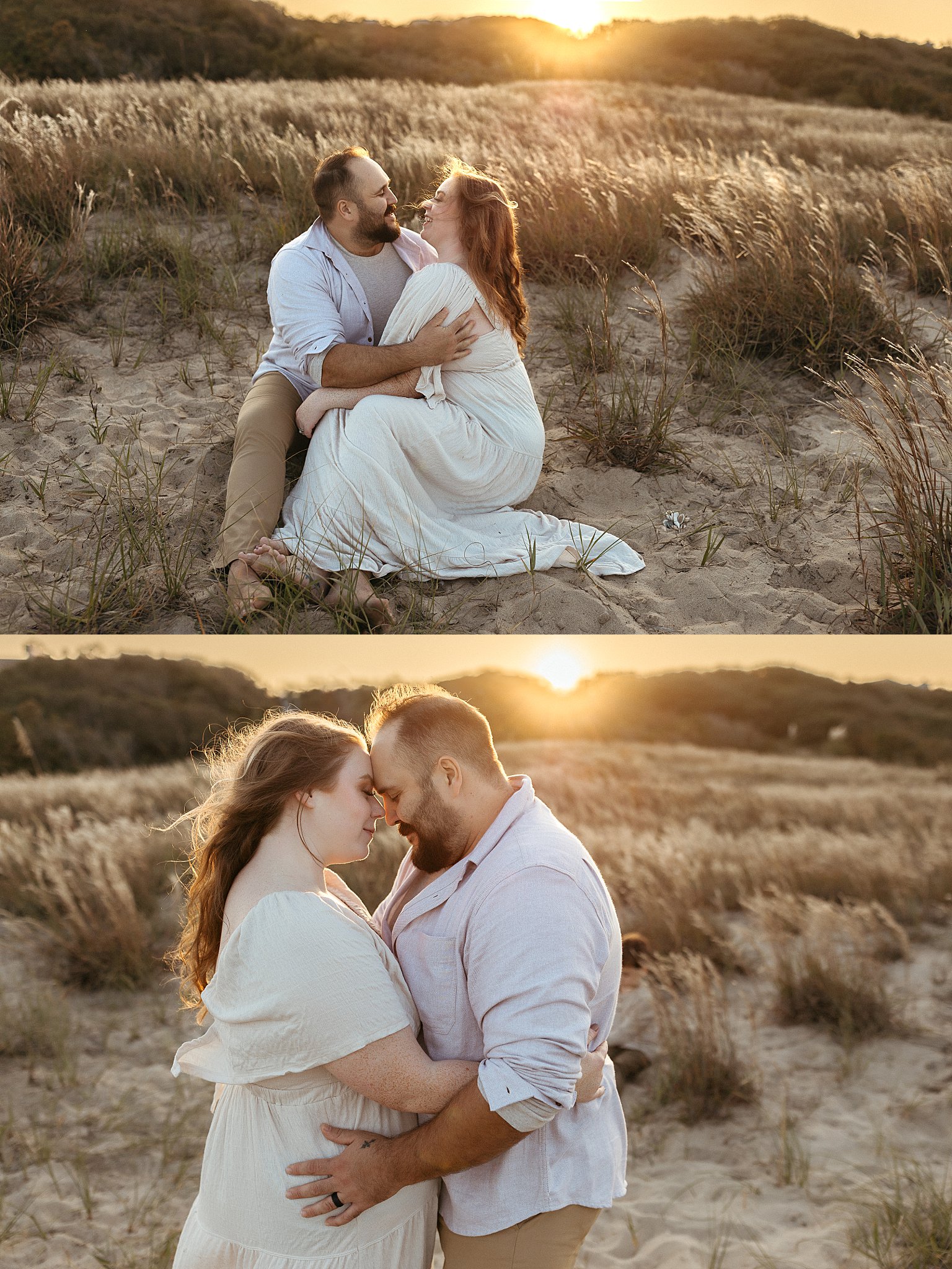 man and woman hold each other as sun sets behind them by Nikki Meer Photography
