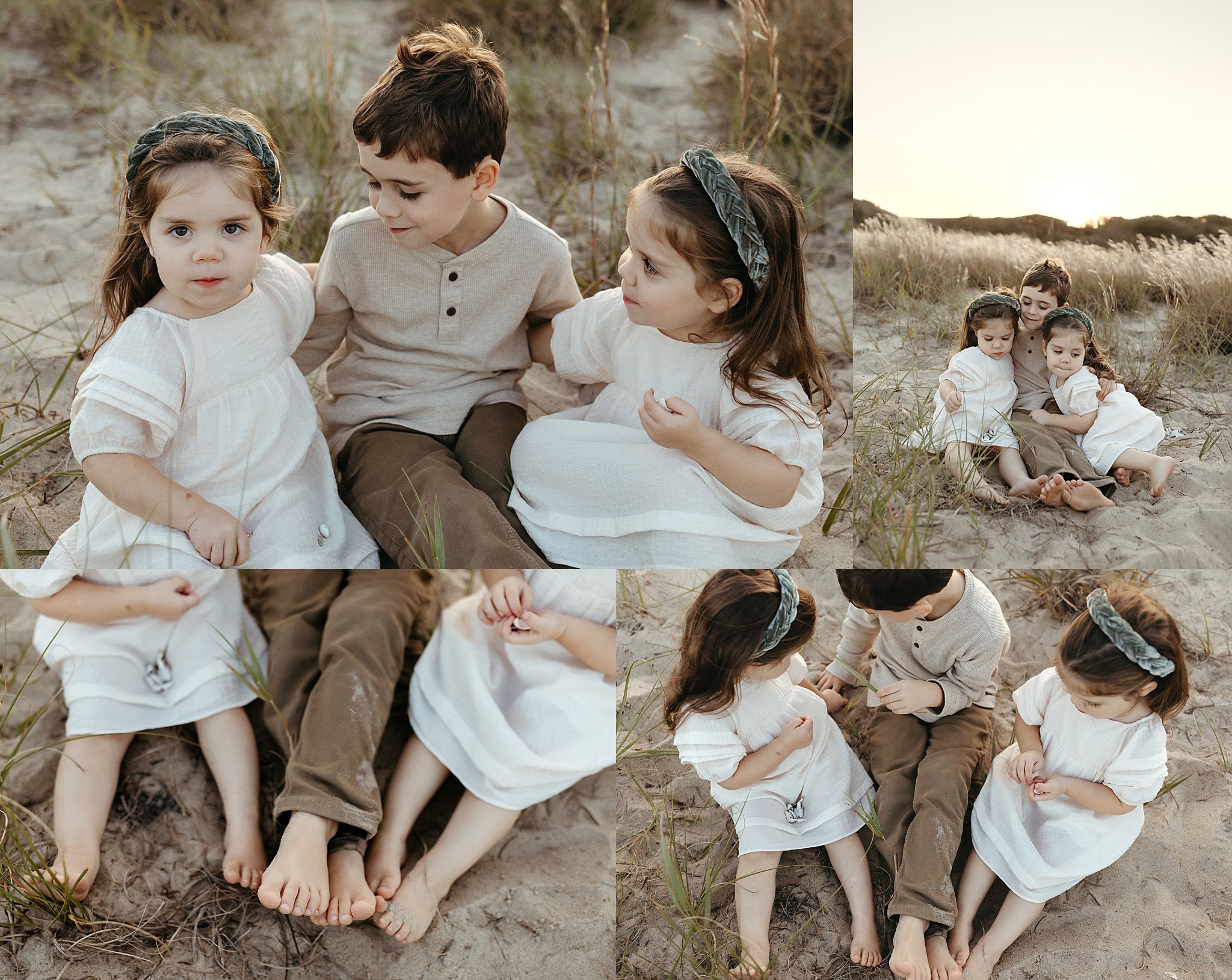 siblings hug each other sitting on the sand during perfect family session