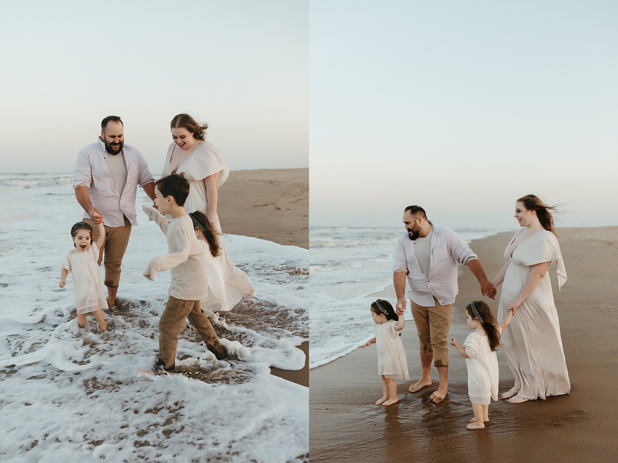 family plays together in waves by Virginia Beach photographer