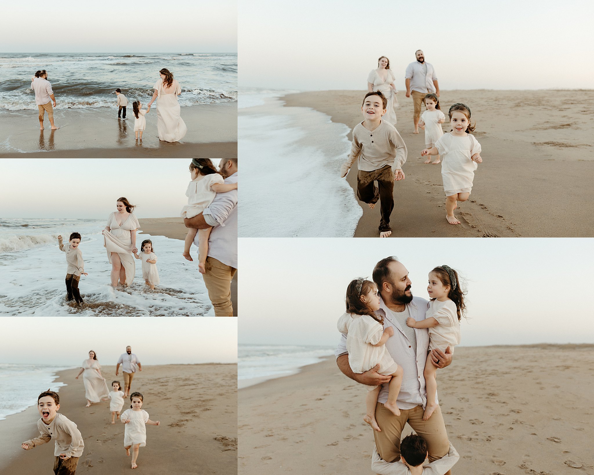 family runs together in the sand and waves by Nikki Meer Photography