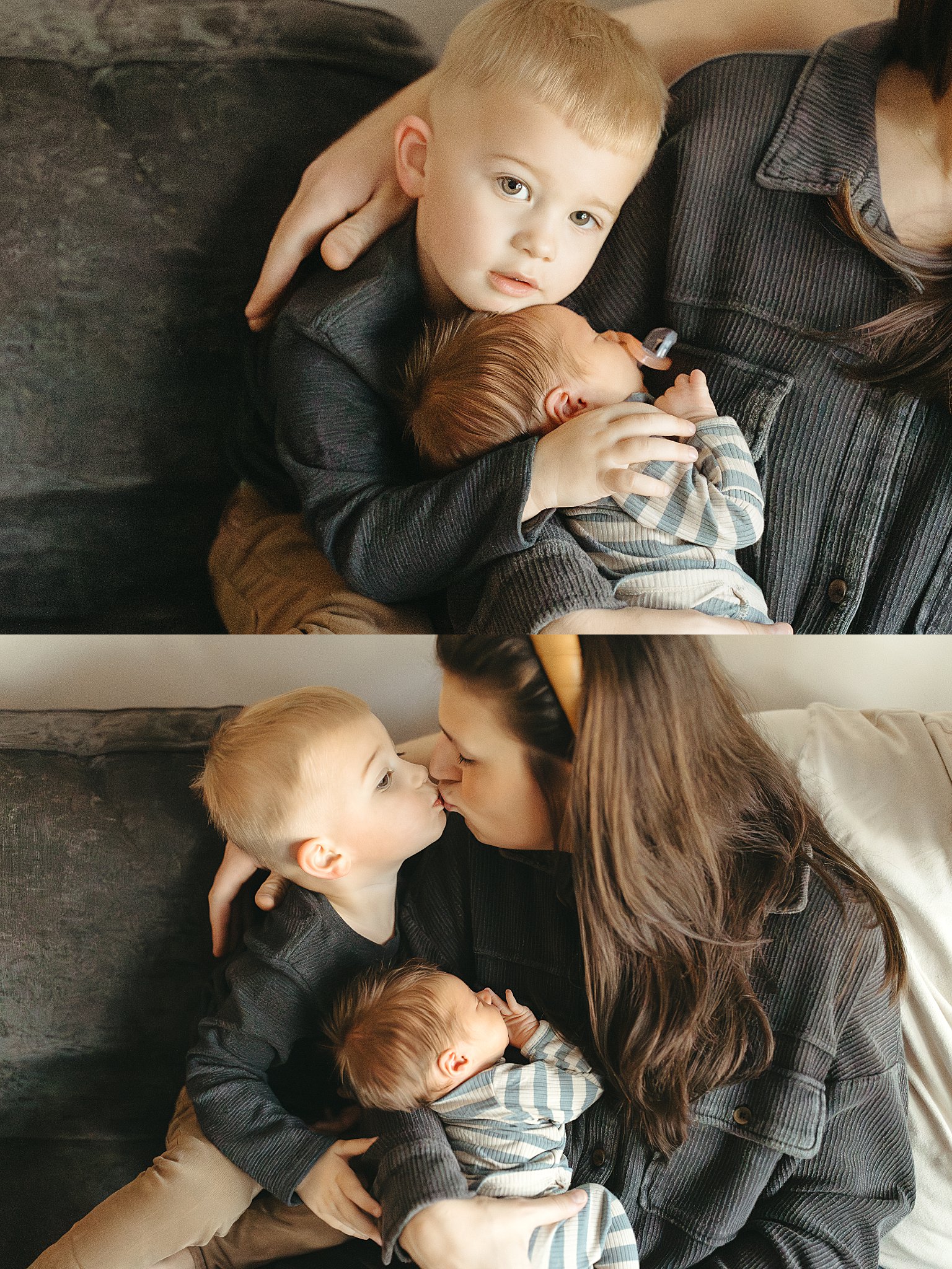 mom kisses son as he snuggles brother by Virginia Beach photographer
