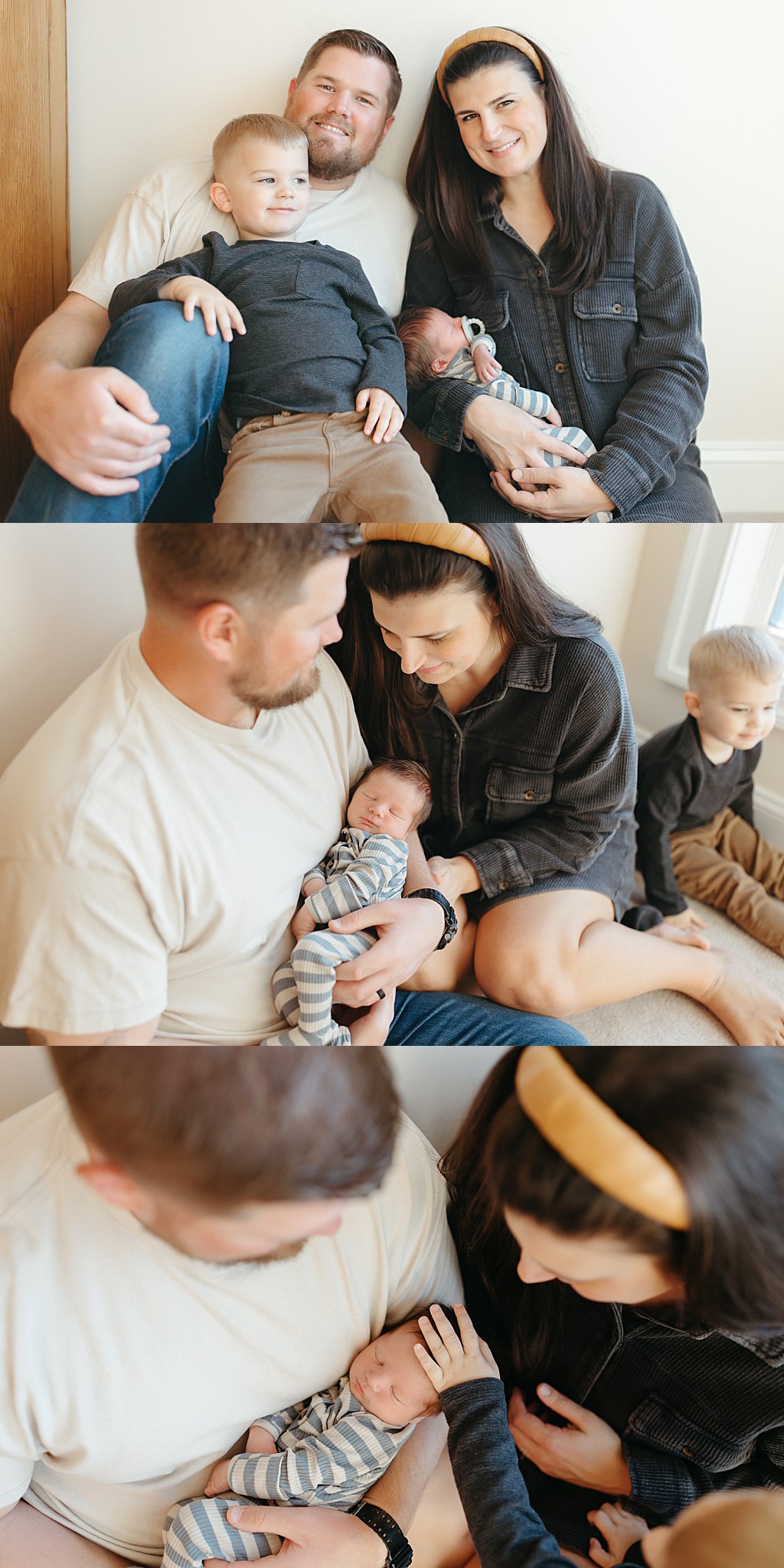 family gathers together with kids for in-home newborn session with siblings