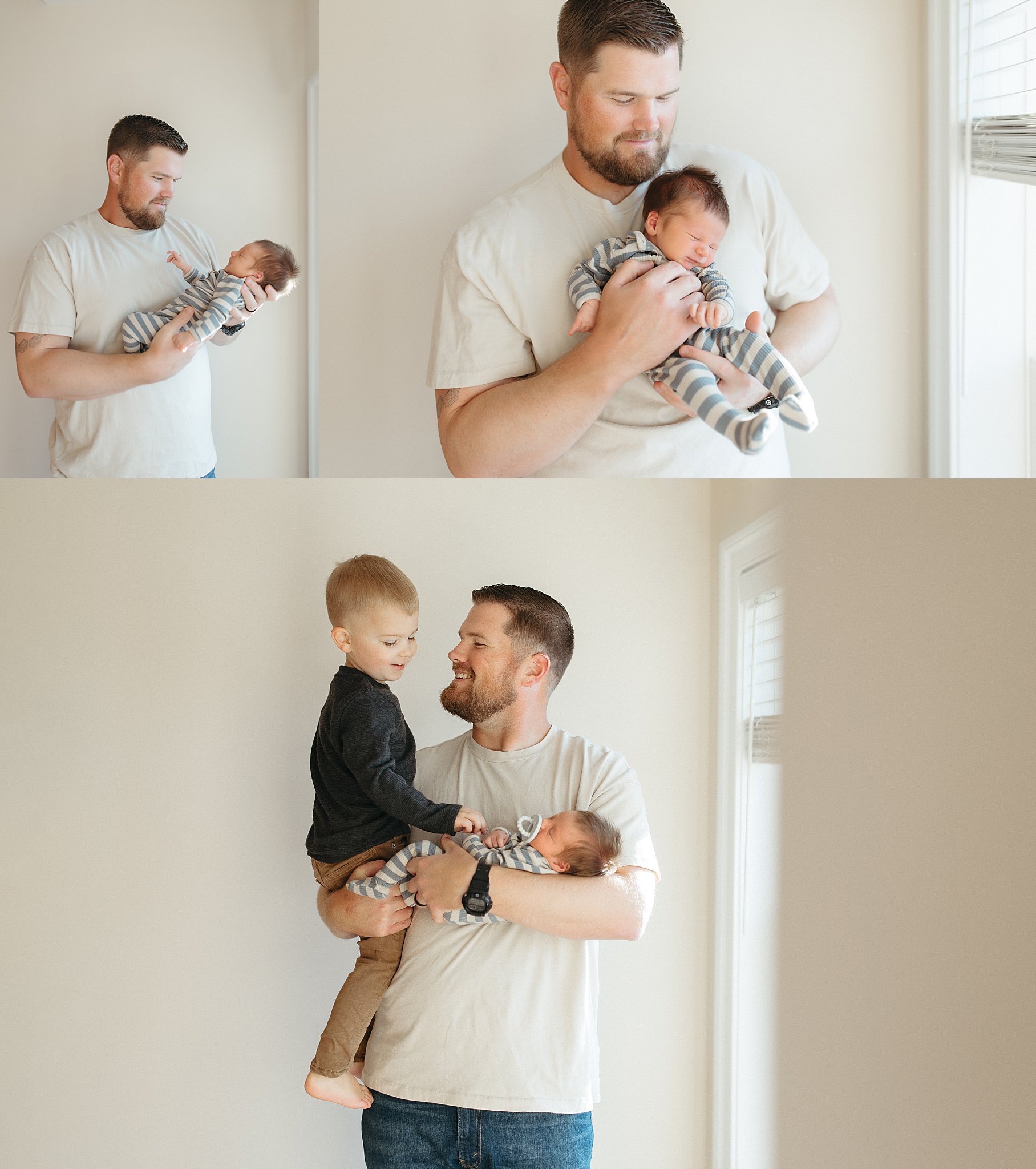 dad holds boys by bright window by Virginia Beach photographer