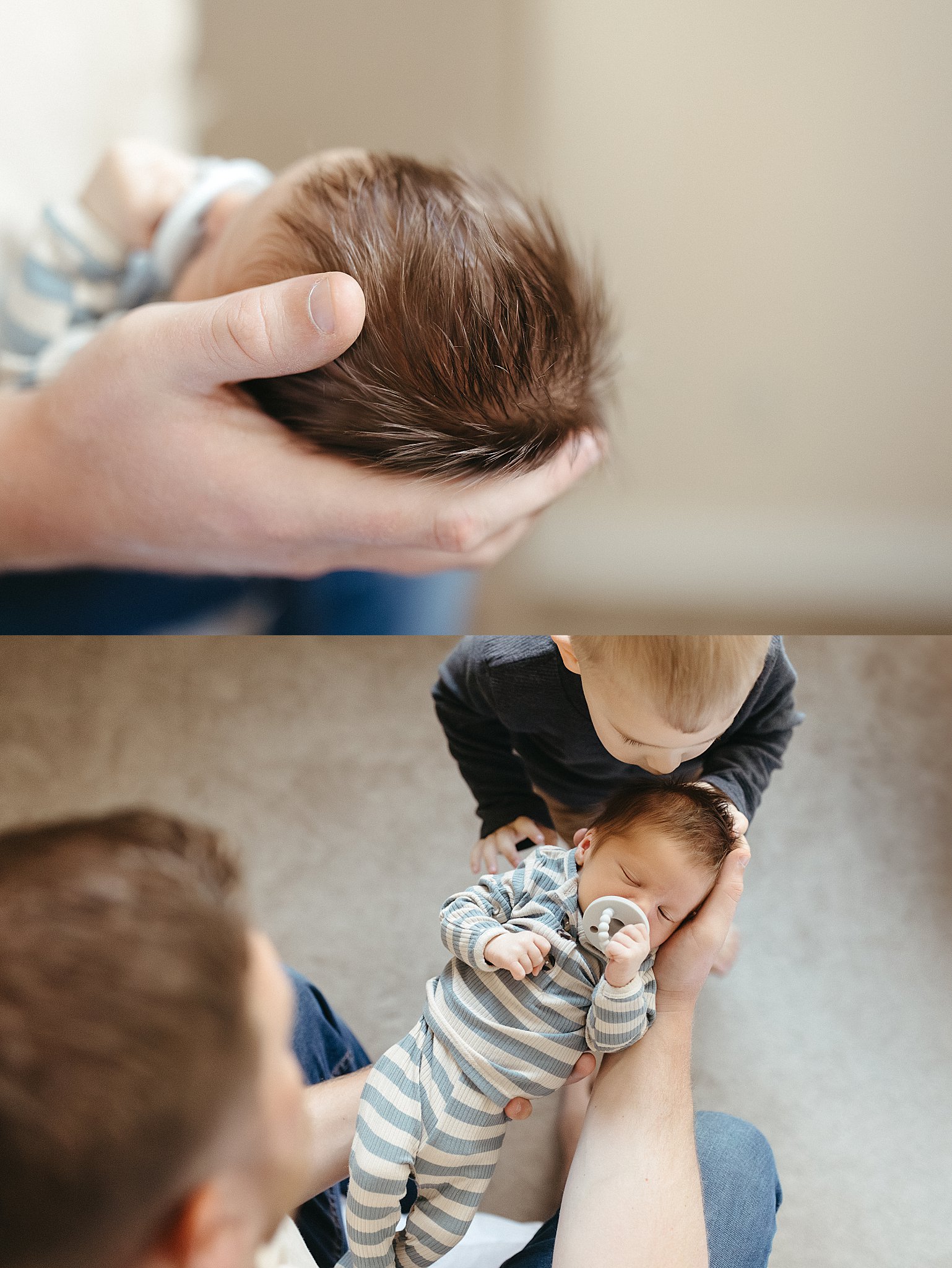 brother leans in to kiss new baby during in-home newborn session with siblings