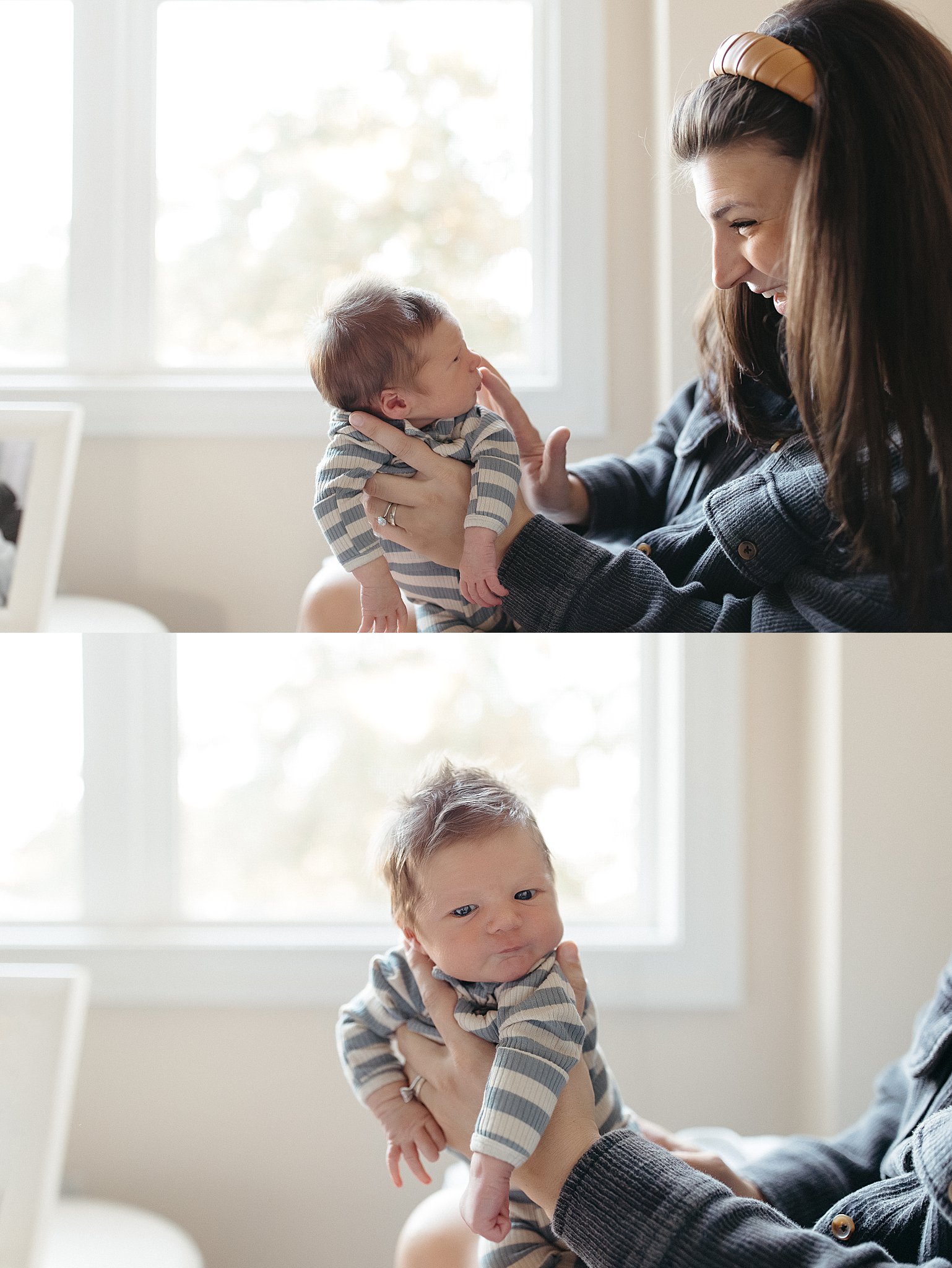 mom holds new baby and smiles at him by Virginia Beach photographer