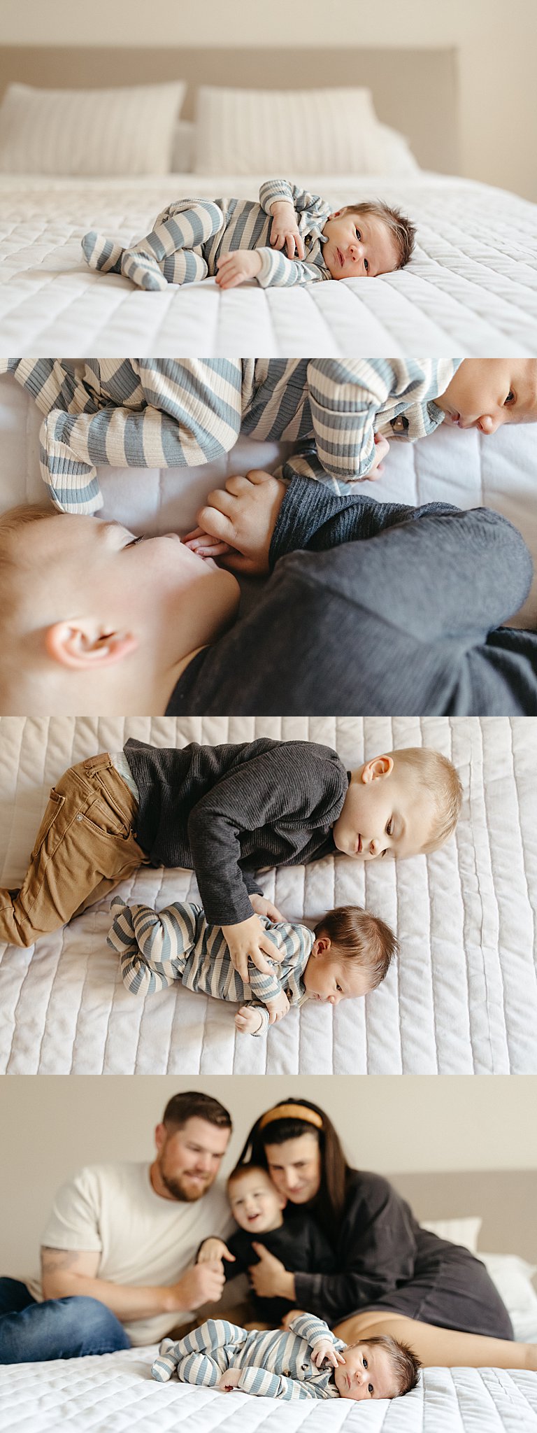 siblings snuggle together on parents' bed by Nikki Meer Photography