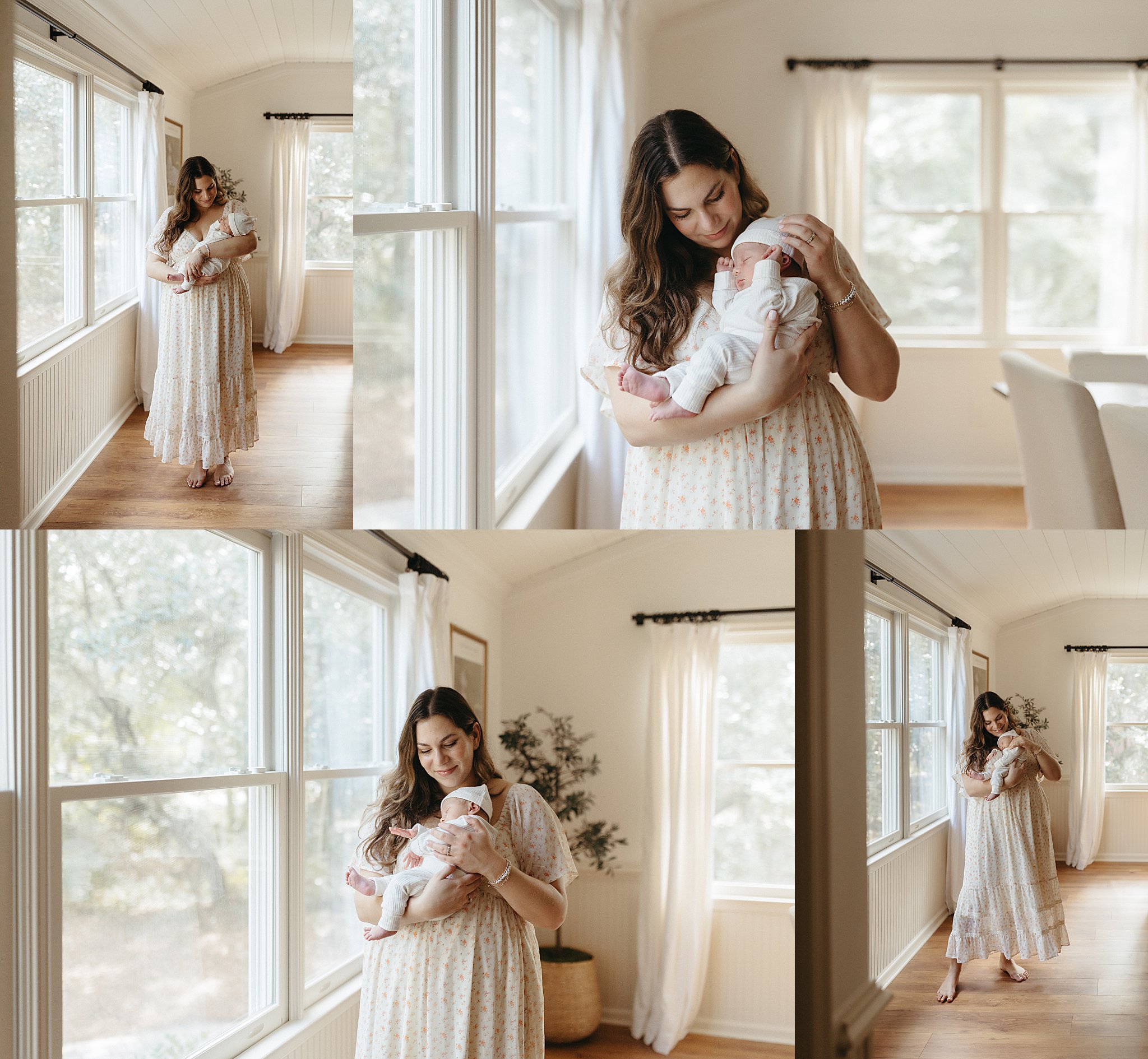 mom snuggles new baby during neutral in-home newborn session