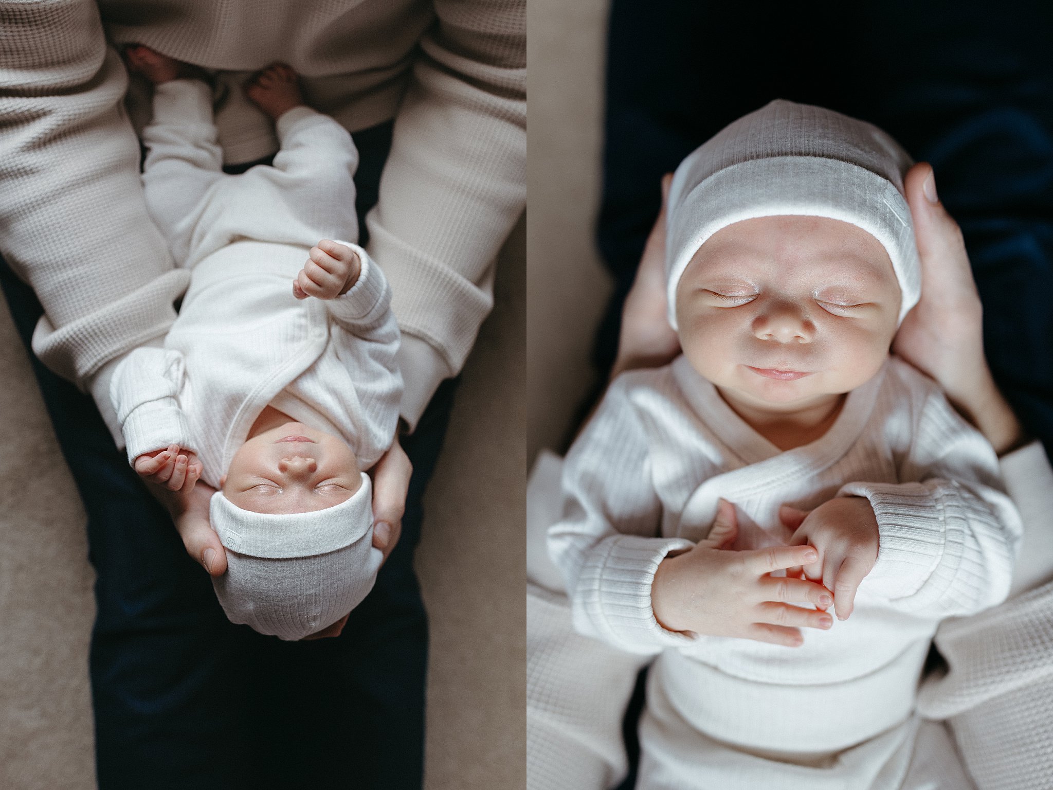child in matching white outfit and had during neutral in-home newborn session