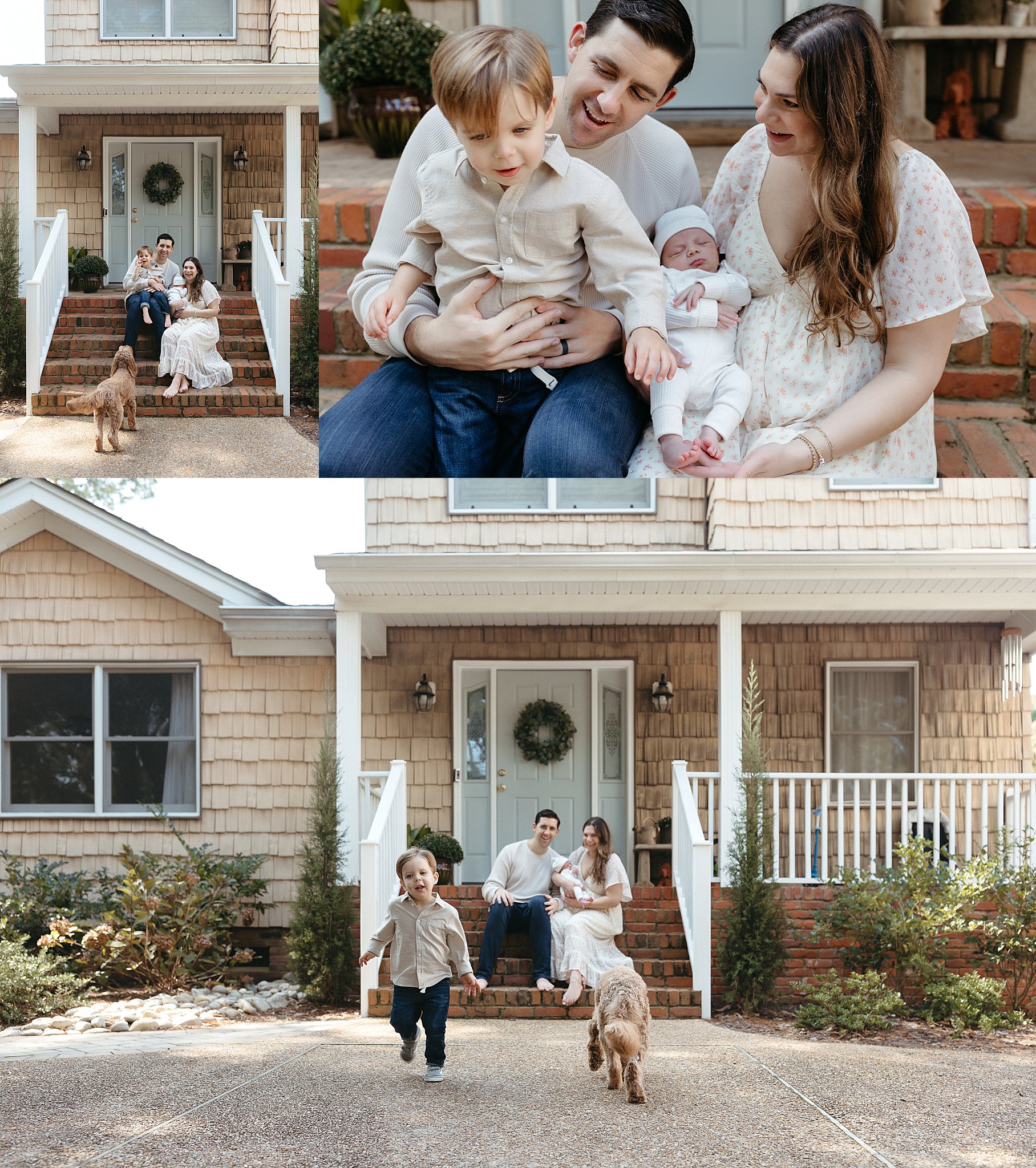 family gathers on steps outside home by Virginia Beach photographer