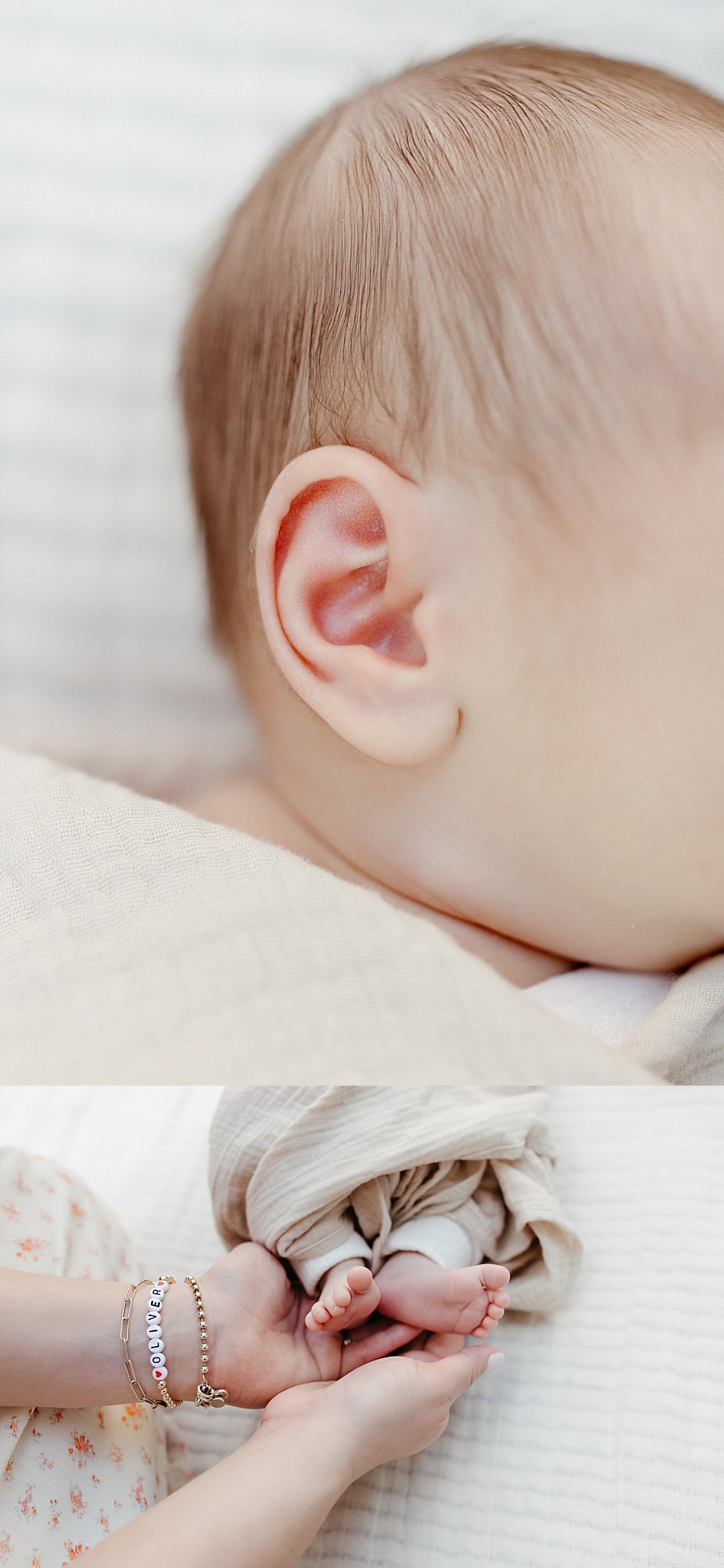 details of baby feet and ear during neutral in-home newborn session