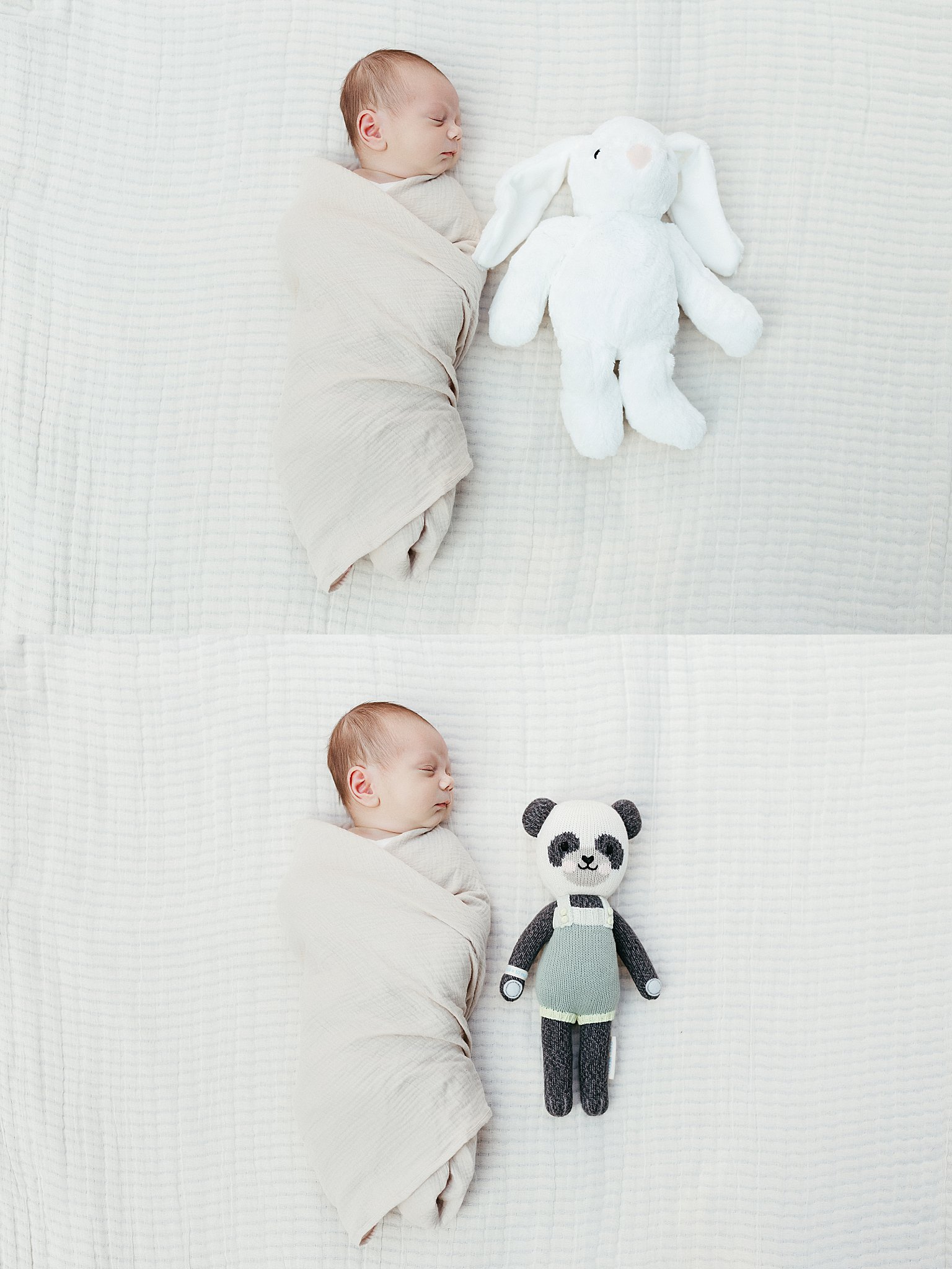 infant lays next to stuffed animals by Virginia Beach photographer