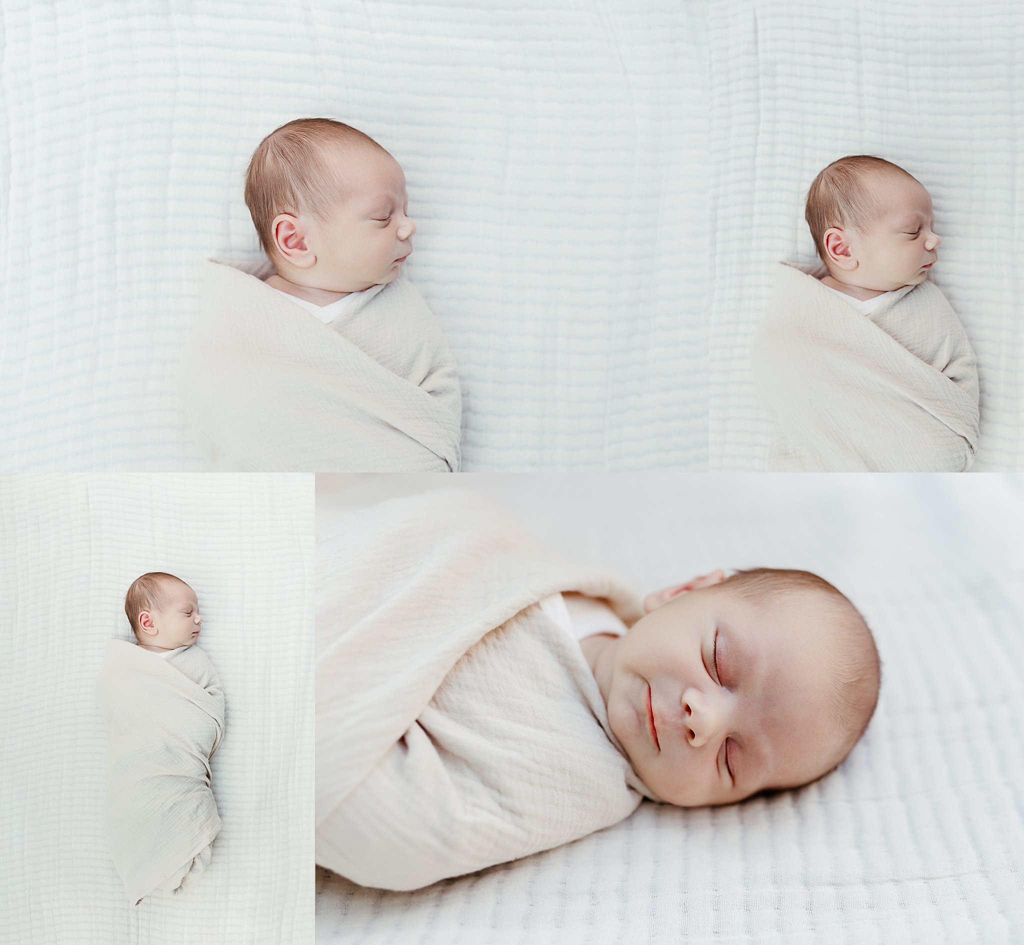 swaddled infant sleeps on bed by Nikki Meer Photography