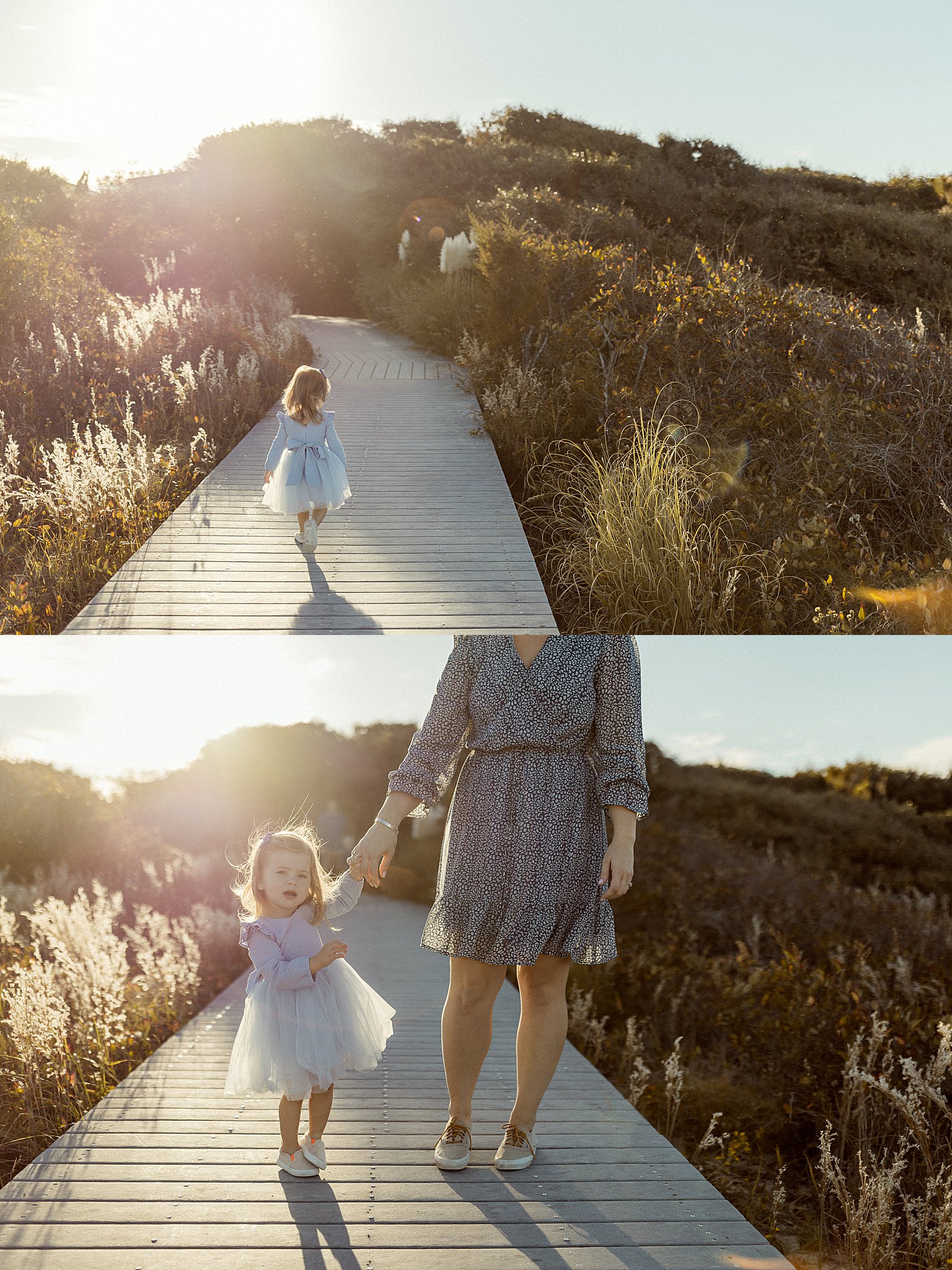girl walks away down path and holds mom's hand by Virginia Beach photographer