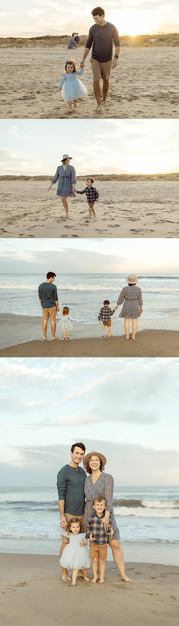 parents walk along sand holding hands with kids by Virginia Beach photographer