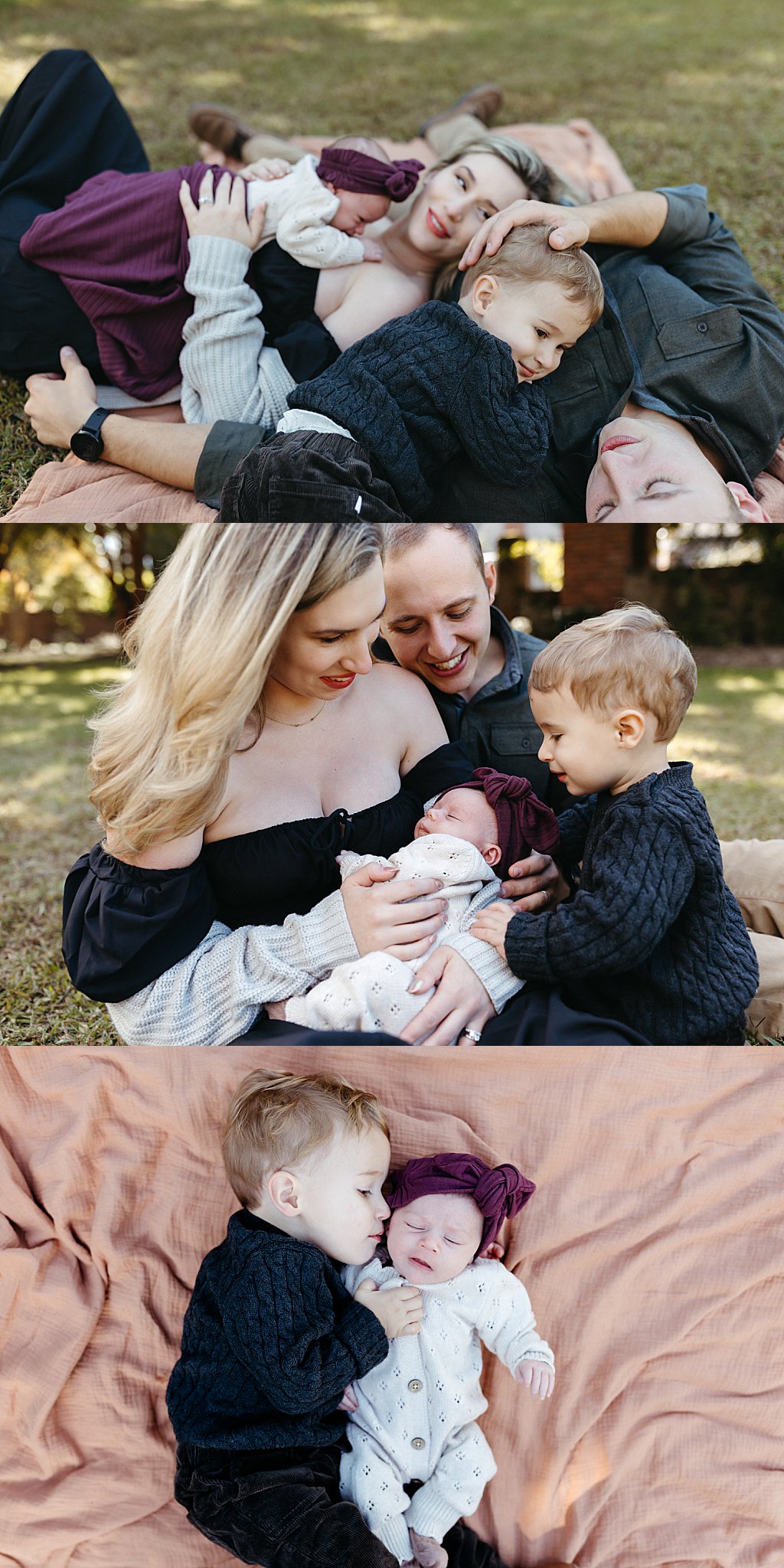 family lays on blanket together by Virginia Beach photographer