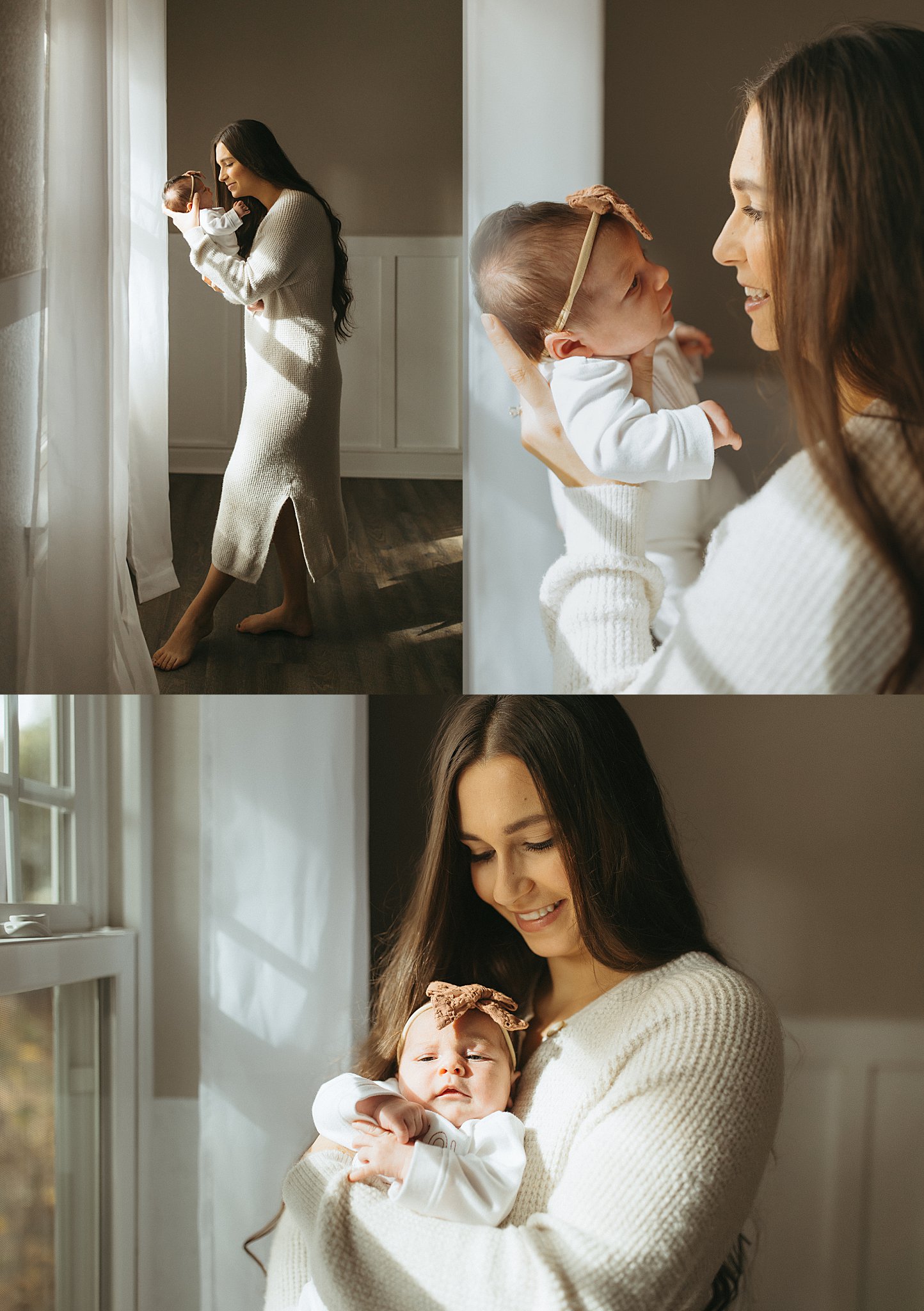 mother talks to daughter in front of window during Newborn Lifestyle Session