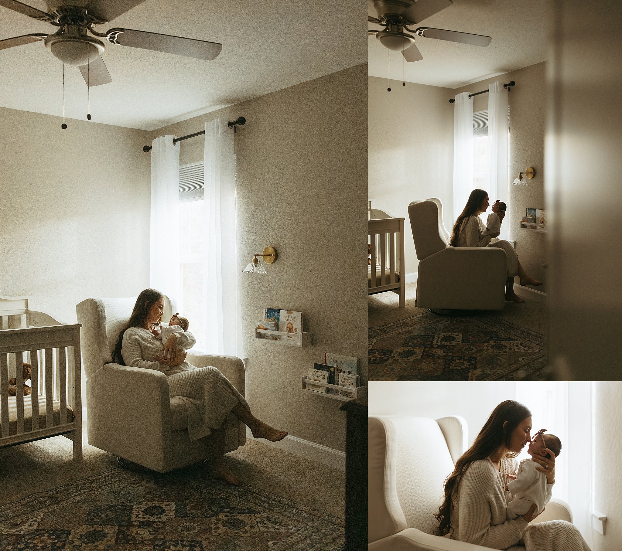 mother sits in nursery snuggling during Newborn Lifestyle Session