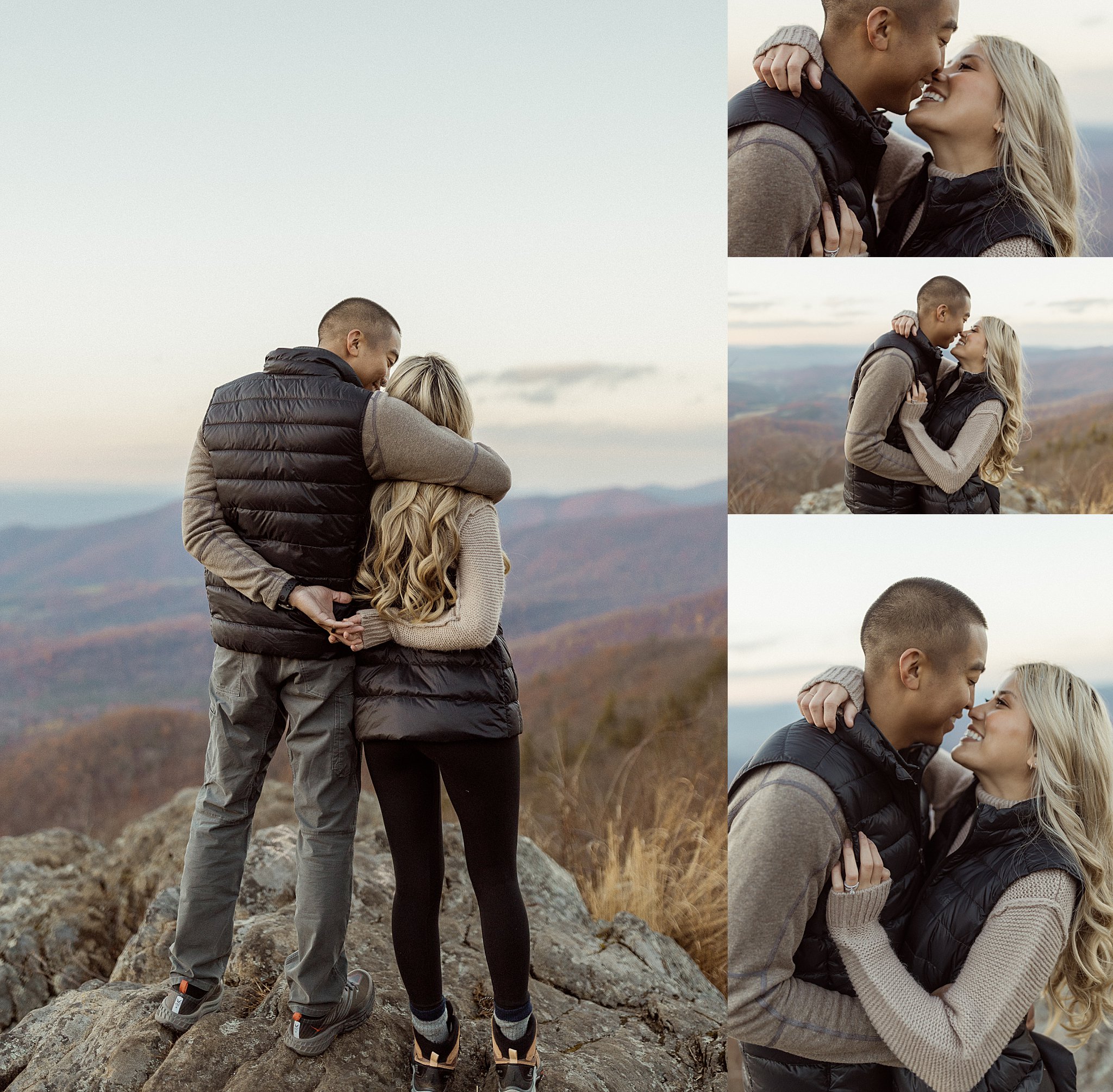 couple stands with arms around each other on rock by Nikki Meer Photography