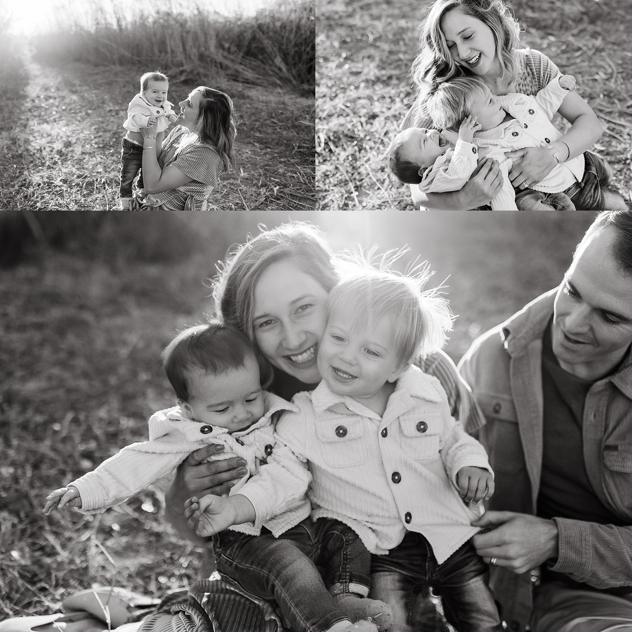 family hugs and plays together as sun shines by Virginia Beach Photographer