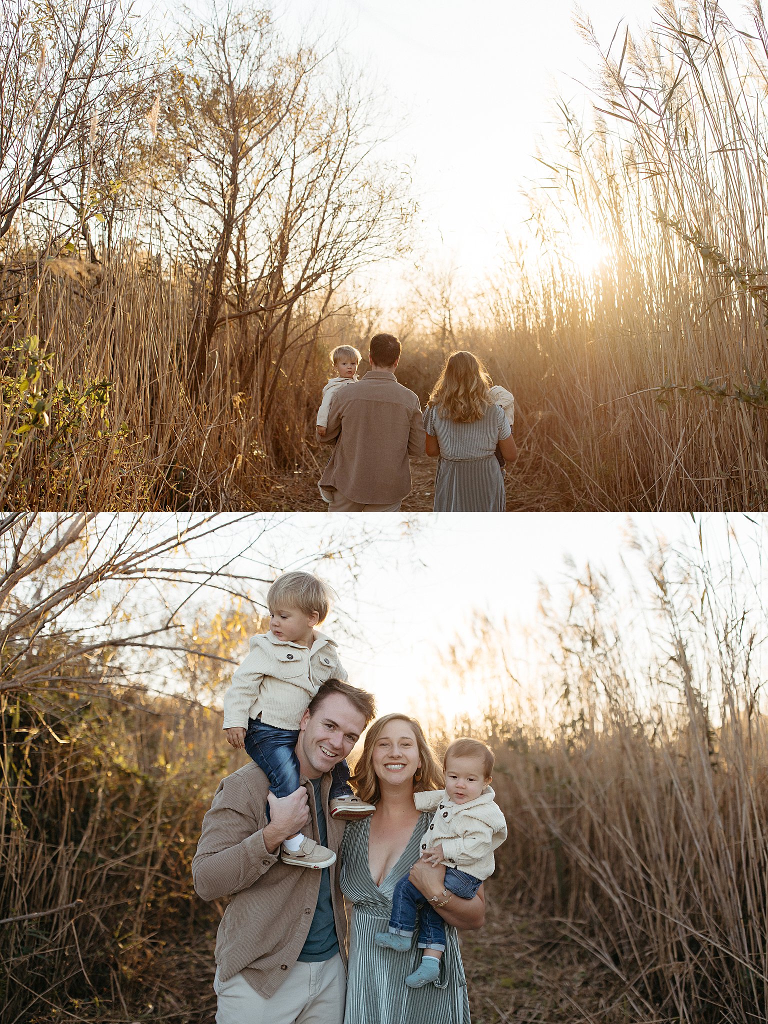 parents carry children as they walk toward setting sun by Nikki Meer Photography