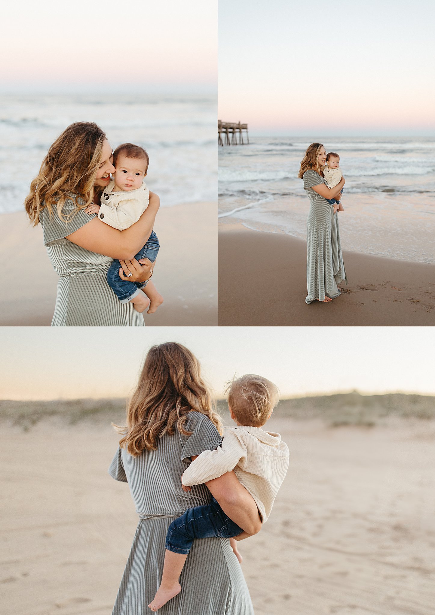 mom cuddles children on the shore by Nikki Meer Photography