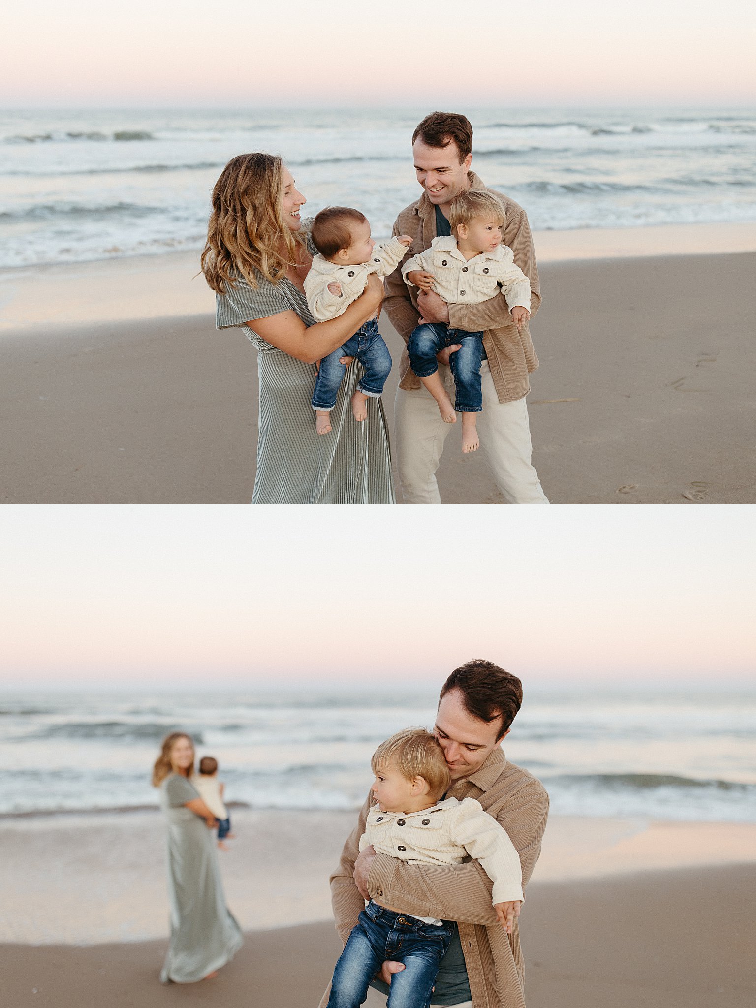 family coordinates with neutral color outfit selection on the beach