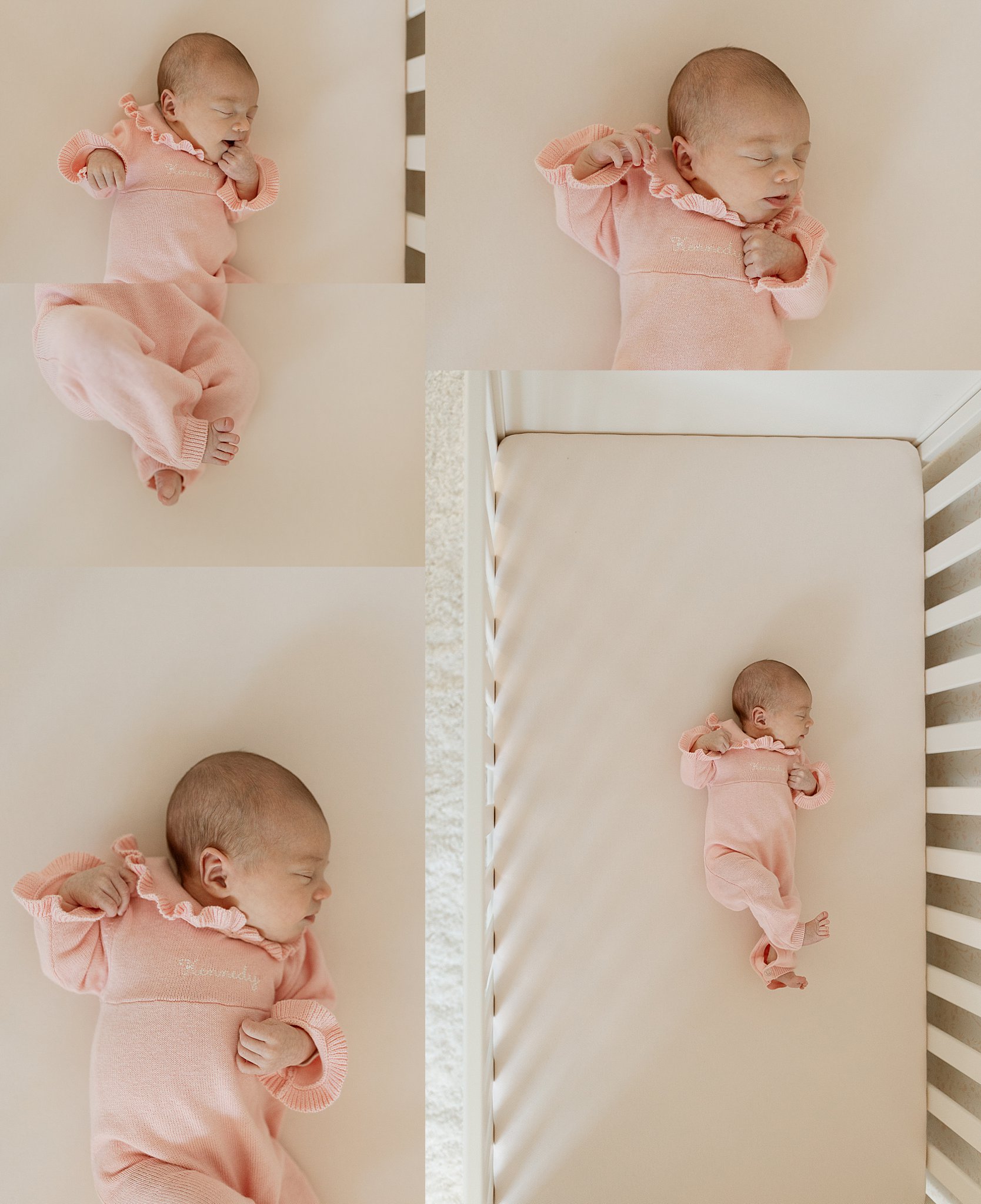 baby girl in pink lays in her crib during holiday in-home session