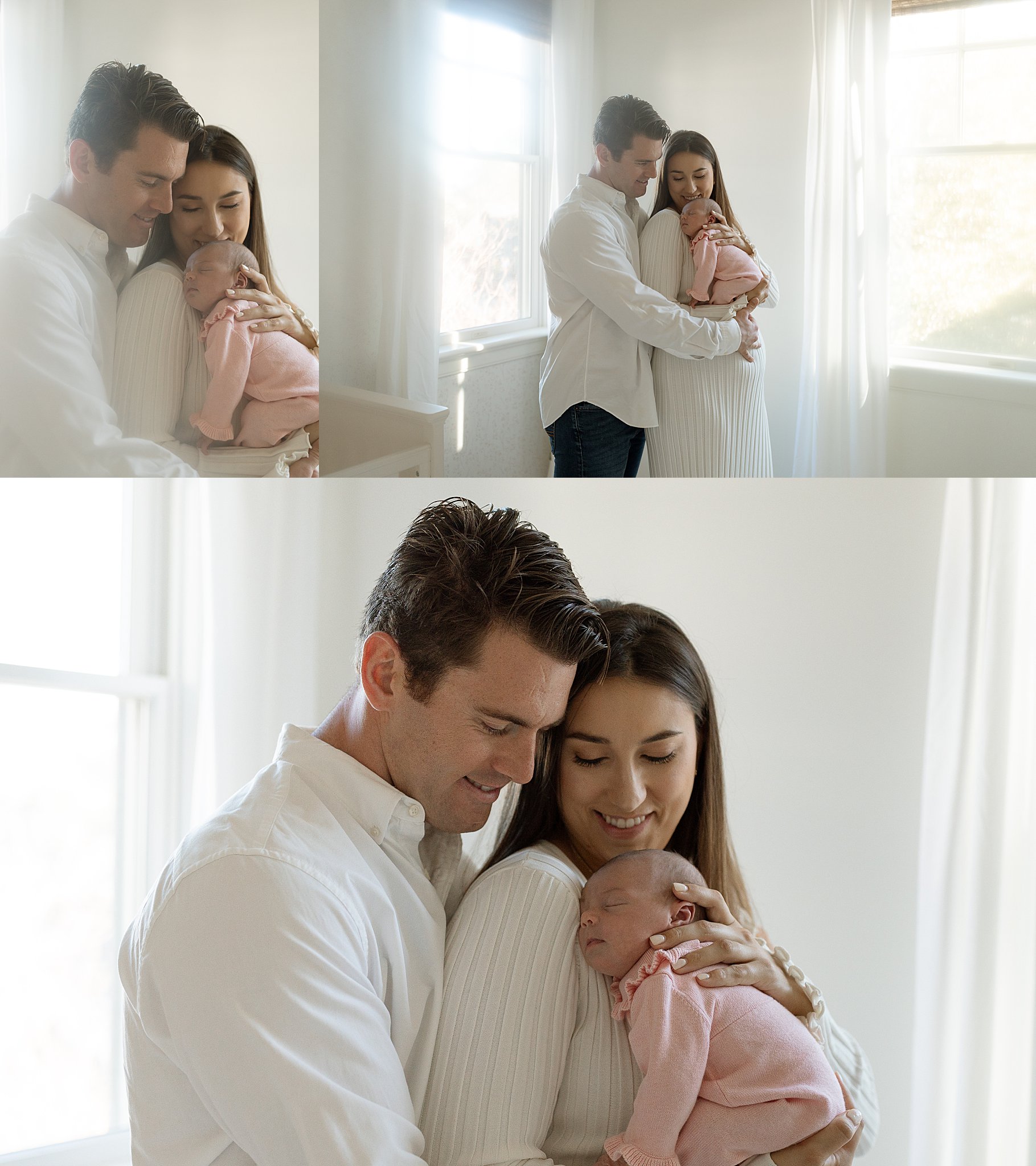 man bugs woman from behind as she holds baby by Virginia Beach Newborn Photographer
