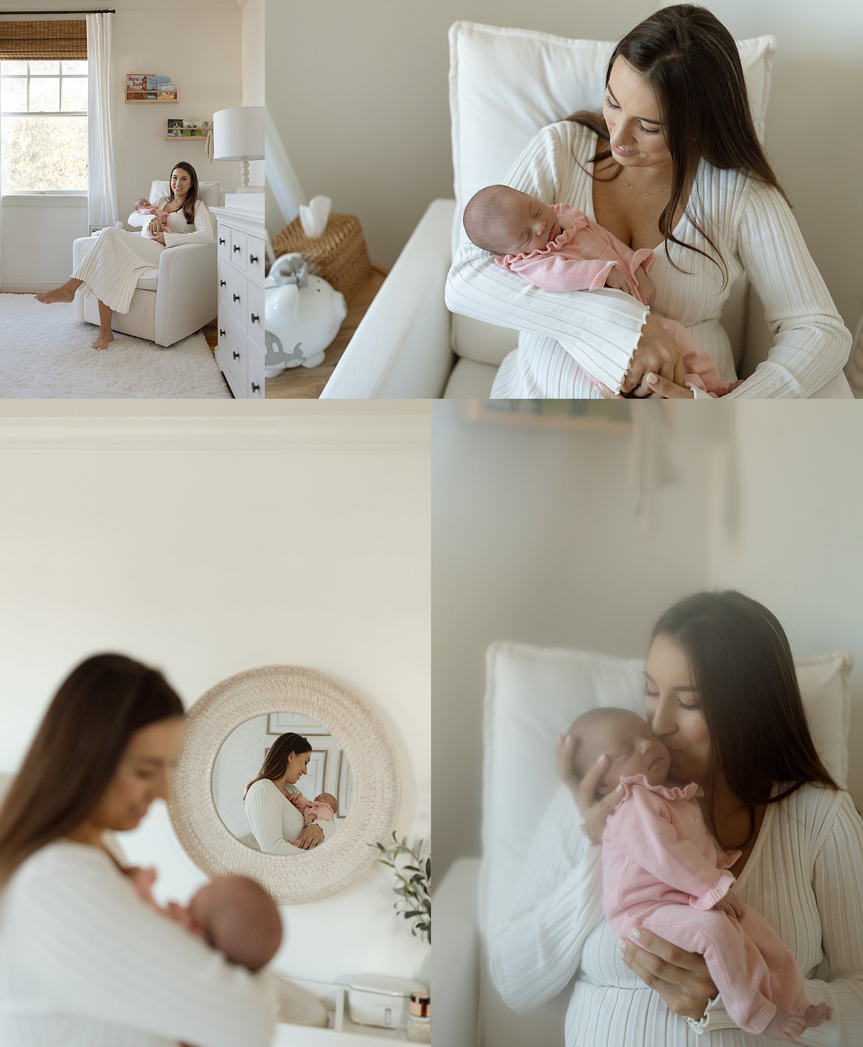 new mom rocks baby in nursery at holiday in-home session