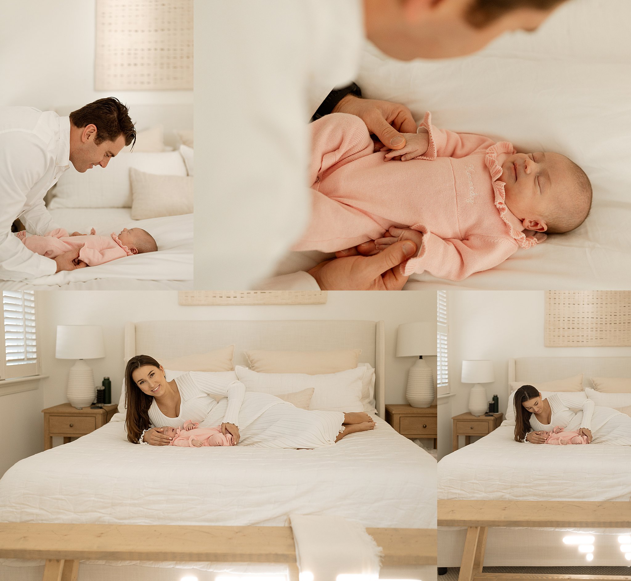 parents lay with new baby on their bed by Nikki Meer Photography
