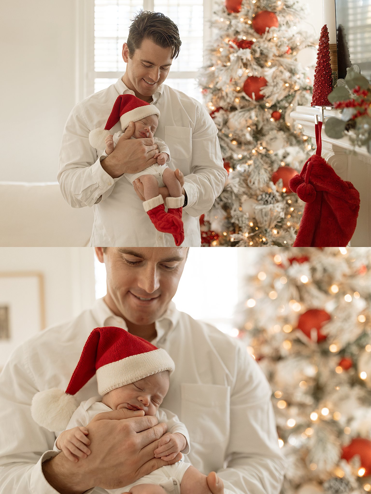 dad holds sleeping baby in front of the Christmas tree by Virginia Beach Newborn Photographer