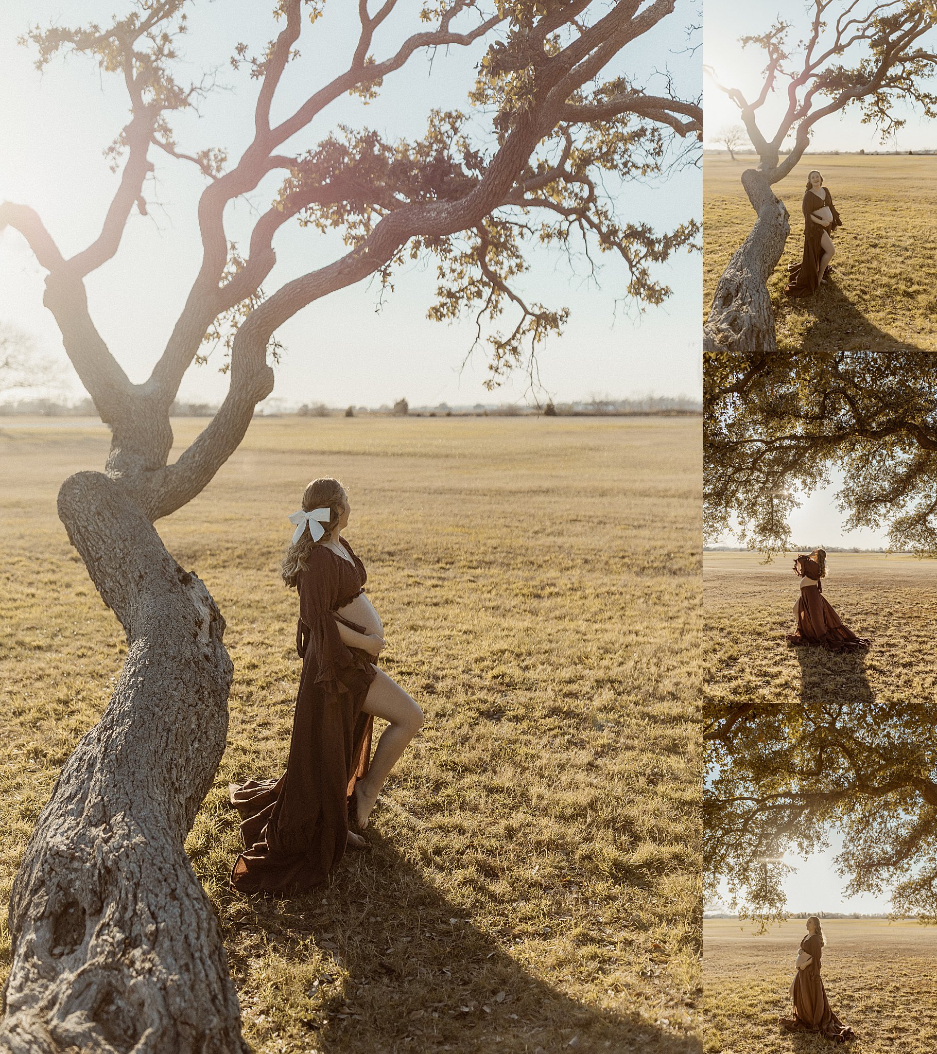 pregnant mom holds belly under tree during dreamy maternity session