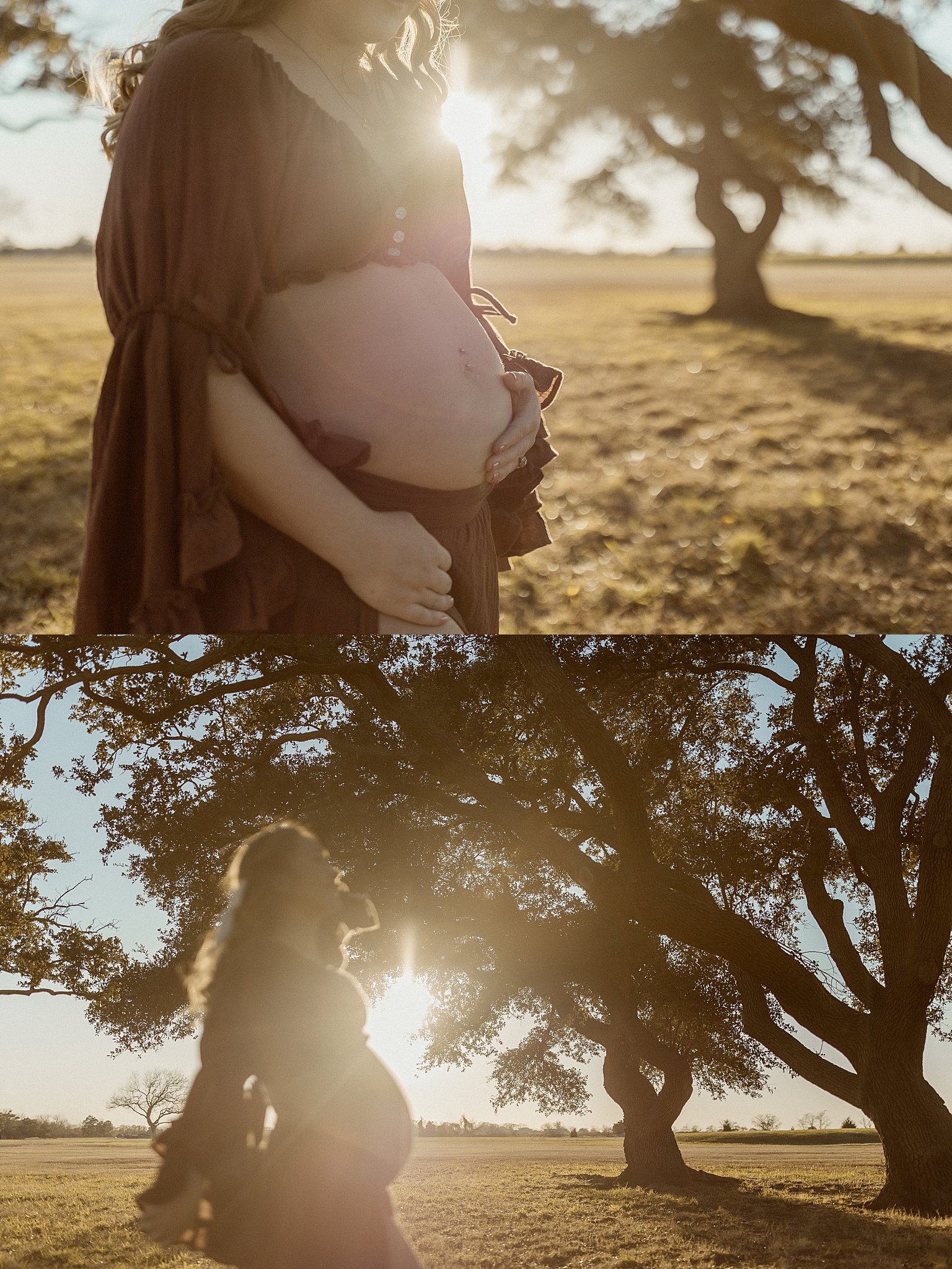 sun shines behind pregnant woman outside by Virginia Beach Photographer
