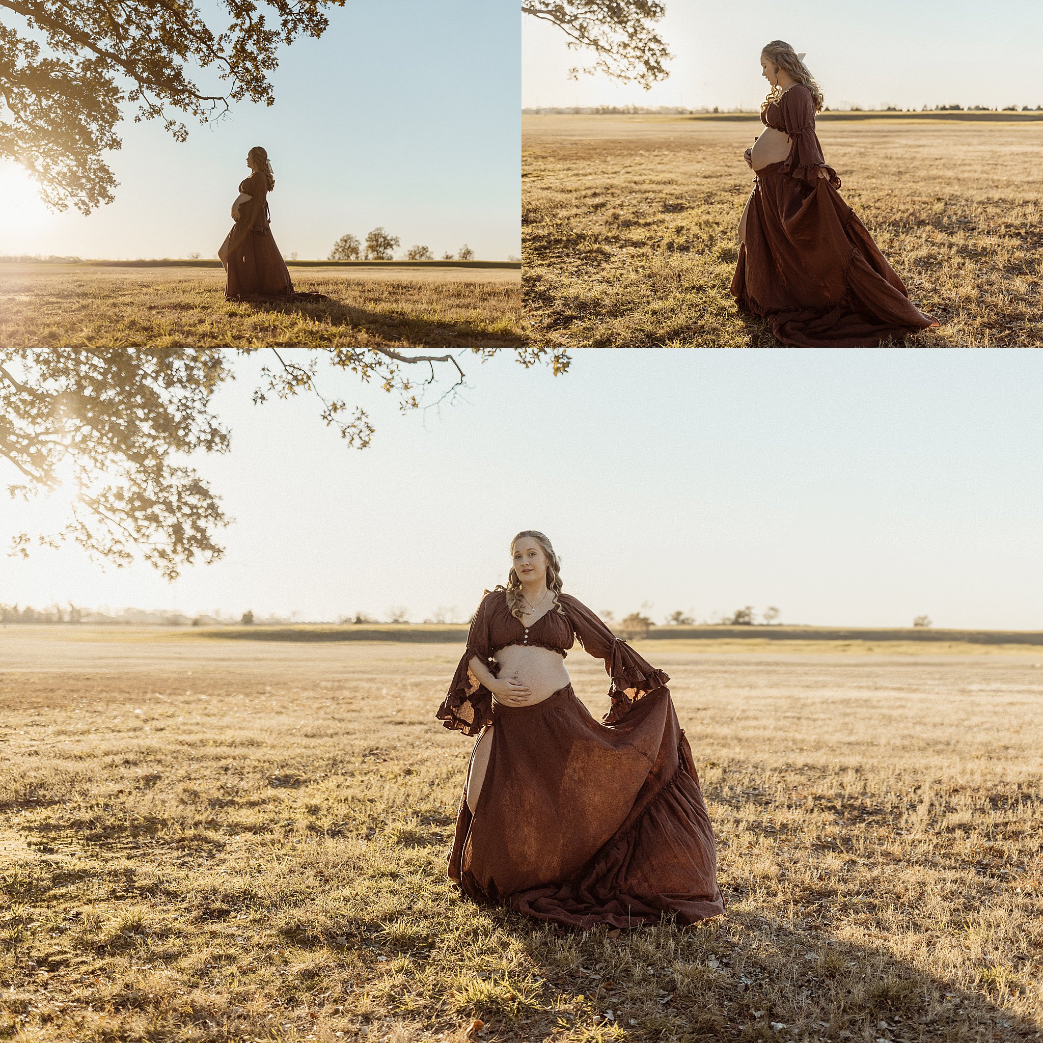 woman holds out skirt of her dress during dreamy maternity session
