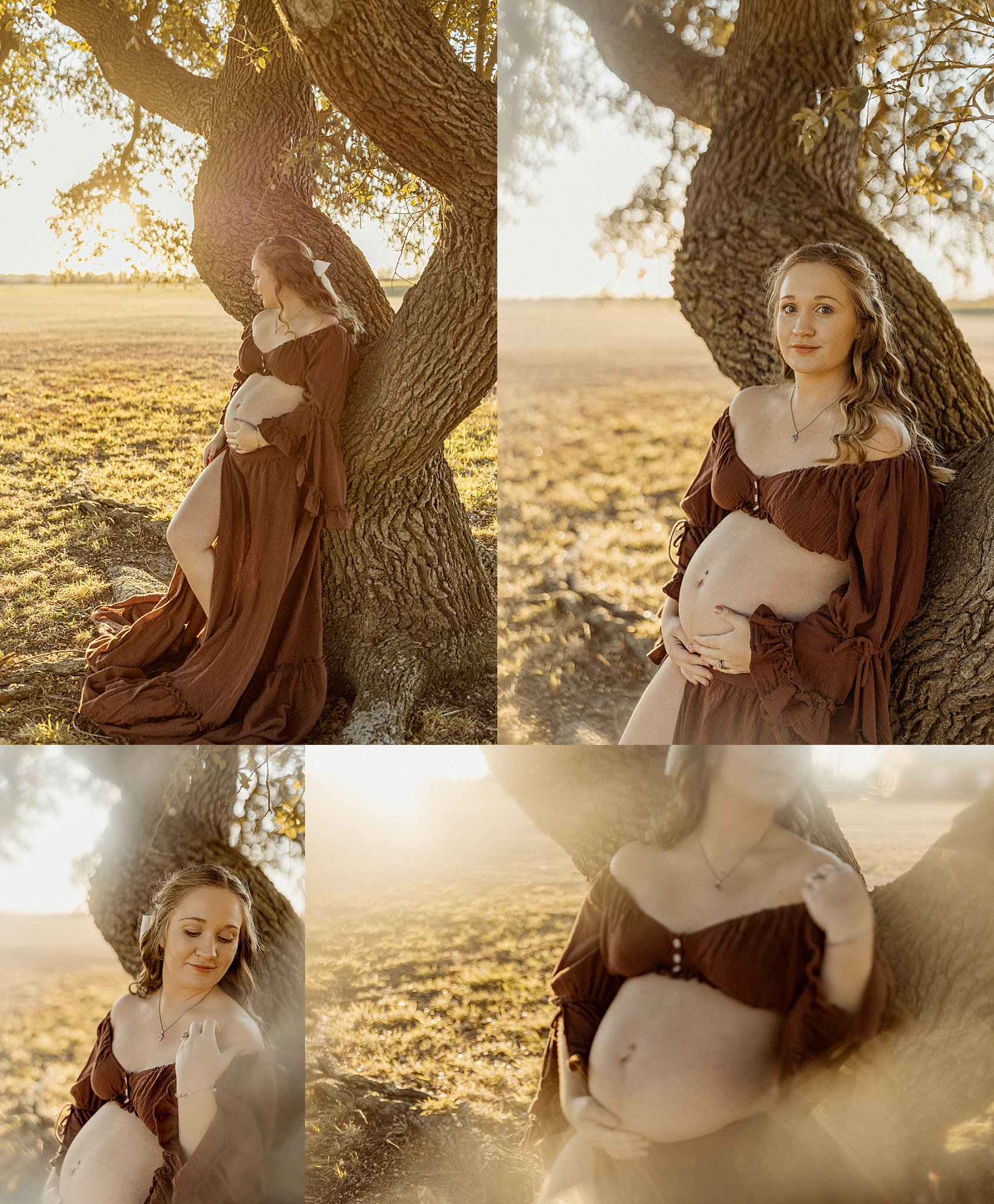 mom to be leans against tree looking over her shoulder by Virginia Beach Photographer