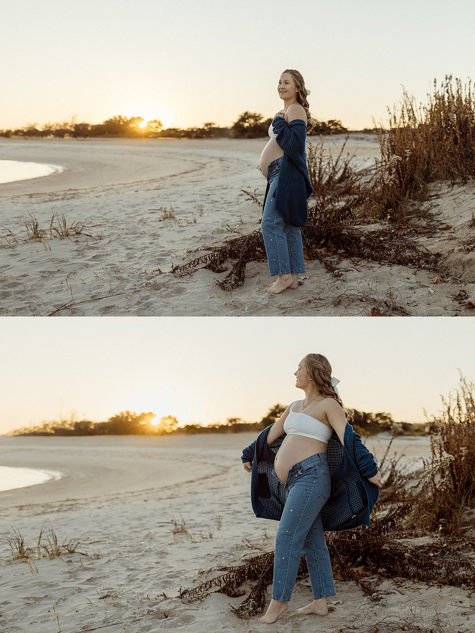 woman holds out sweater to show off baby bump by Nikki Meer Photography