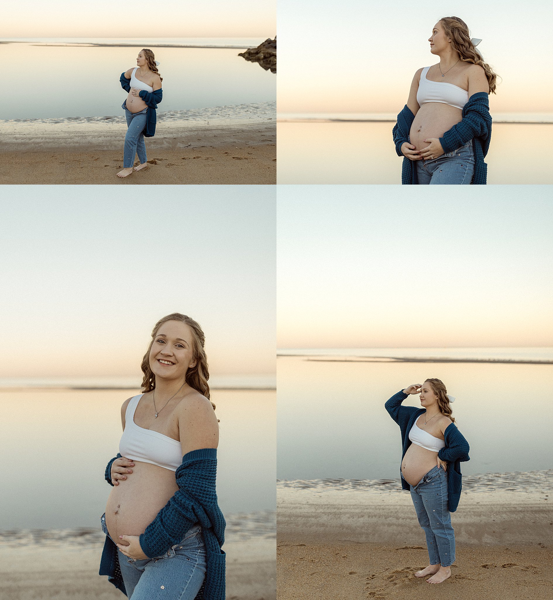 mom to be holds belly at beach during dreamy maternity session