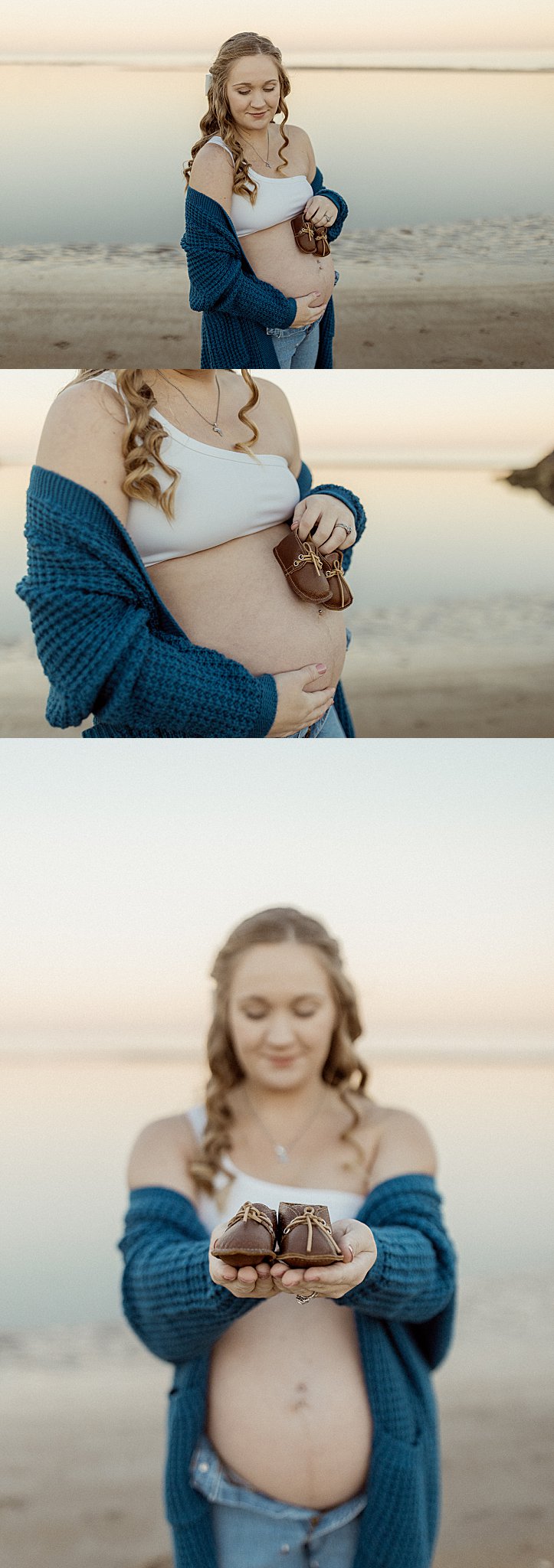 mama to be holds baby shoes in front of her stomach by Virginia Beach Photographer
