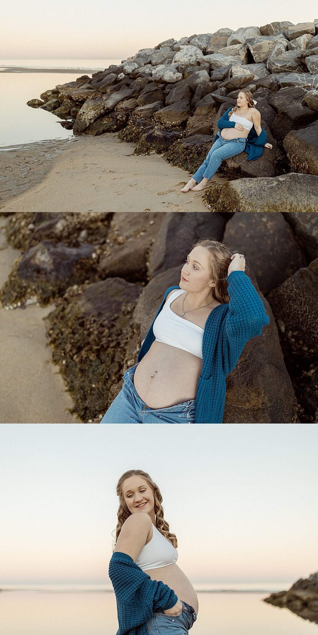 mama to be leans on rocks at beach by Nikki Meer Photography