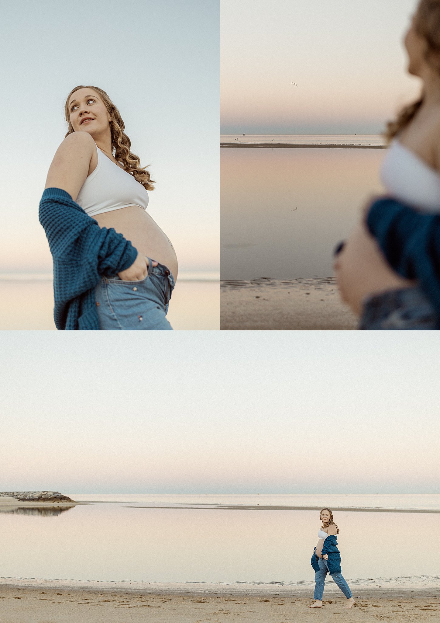 pregnant woman walks across sand during dreamy maternity session