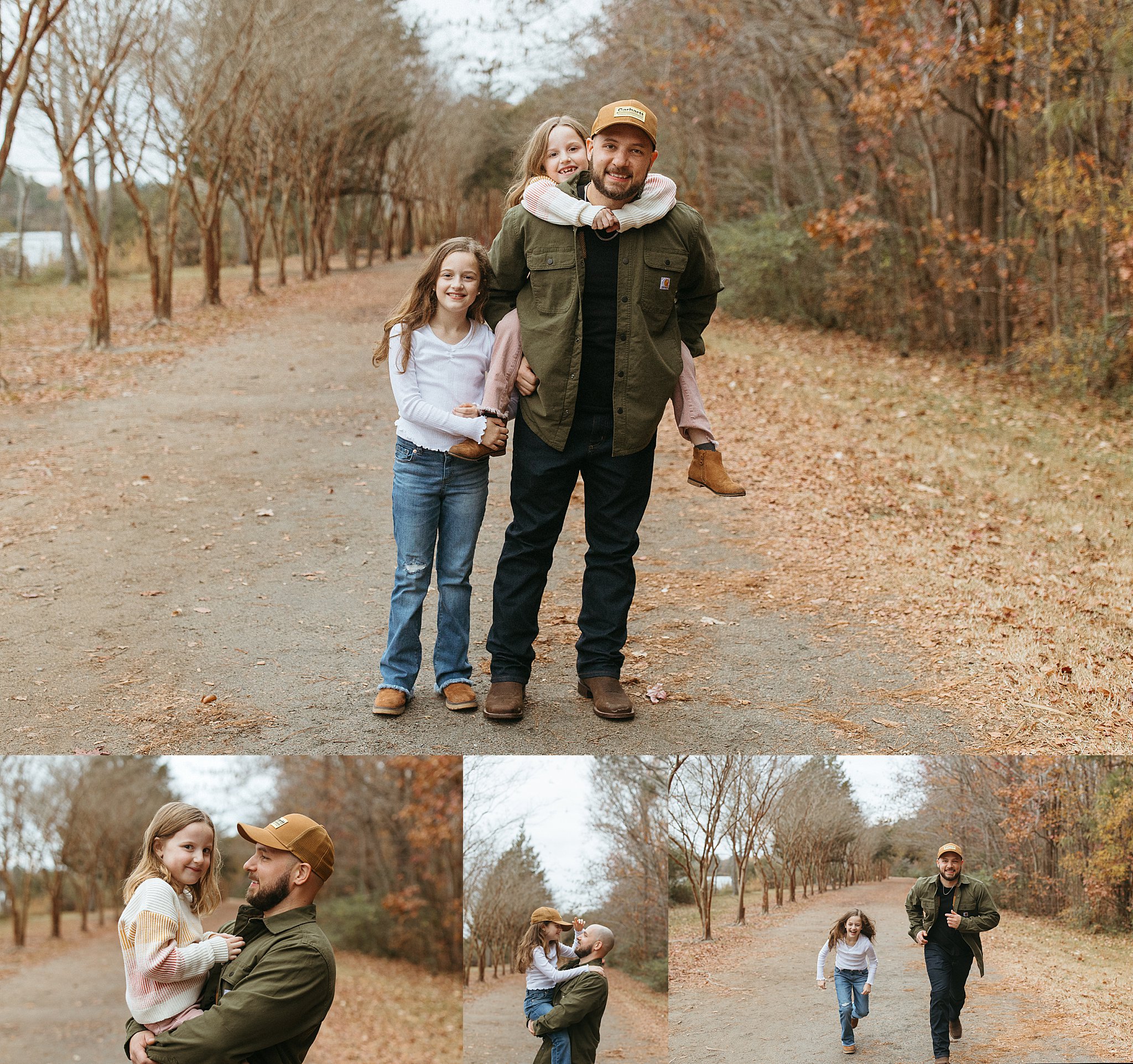 dad runs with girls and carries them on his back at Laid-Back Family Session