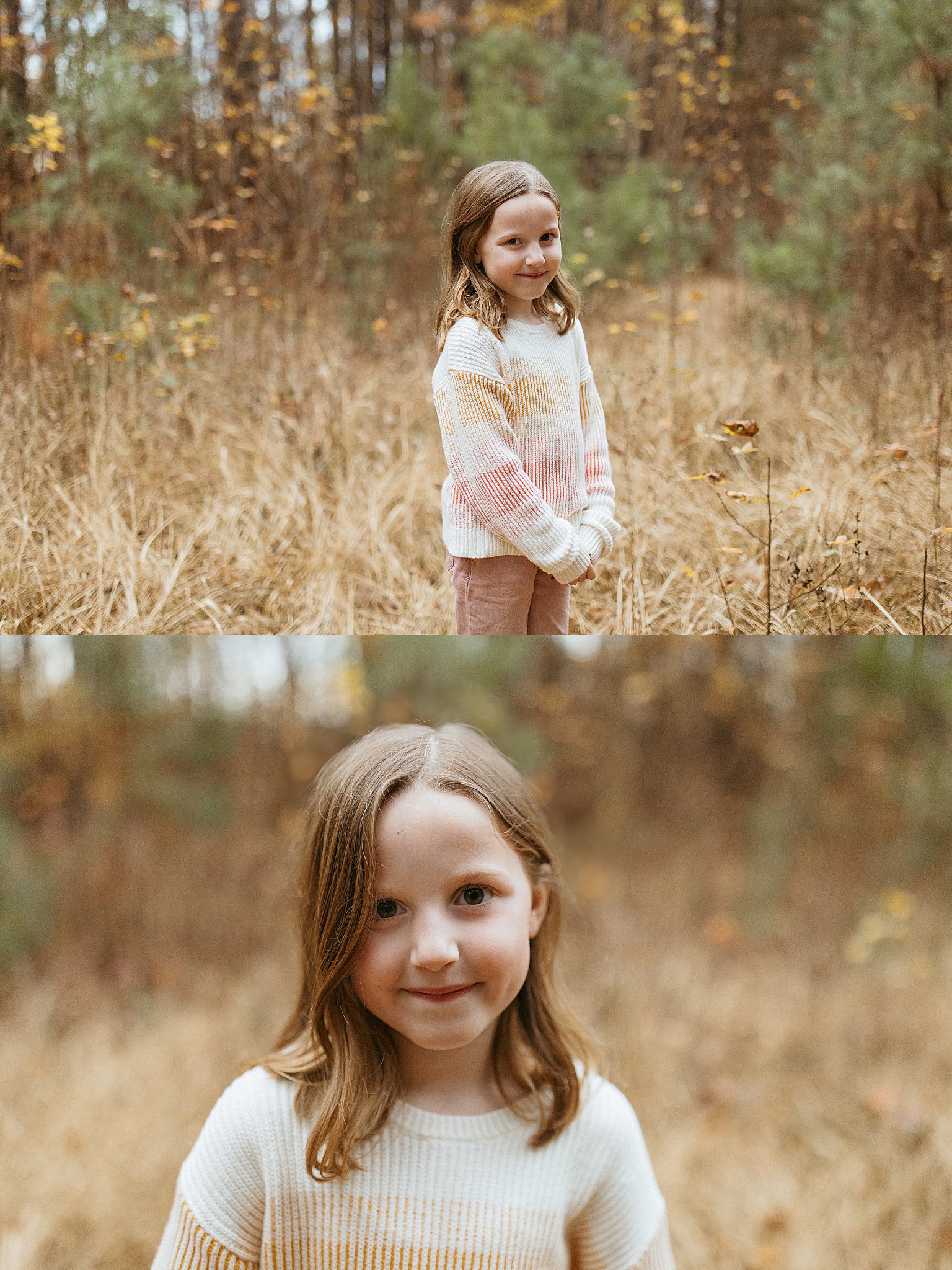 young girl stands near tall grasses and smiles by Virginia Beach Photographer