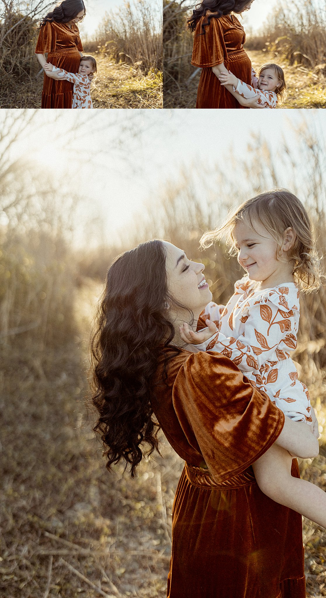 young girl hugs her mom and smiles during Outdoor Maternity Session
