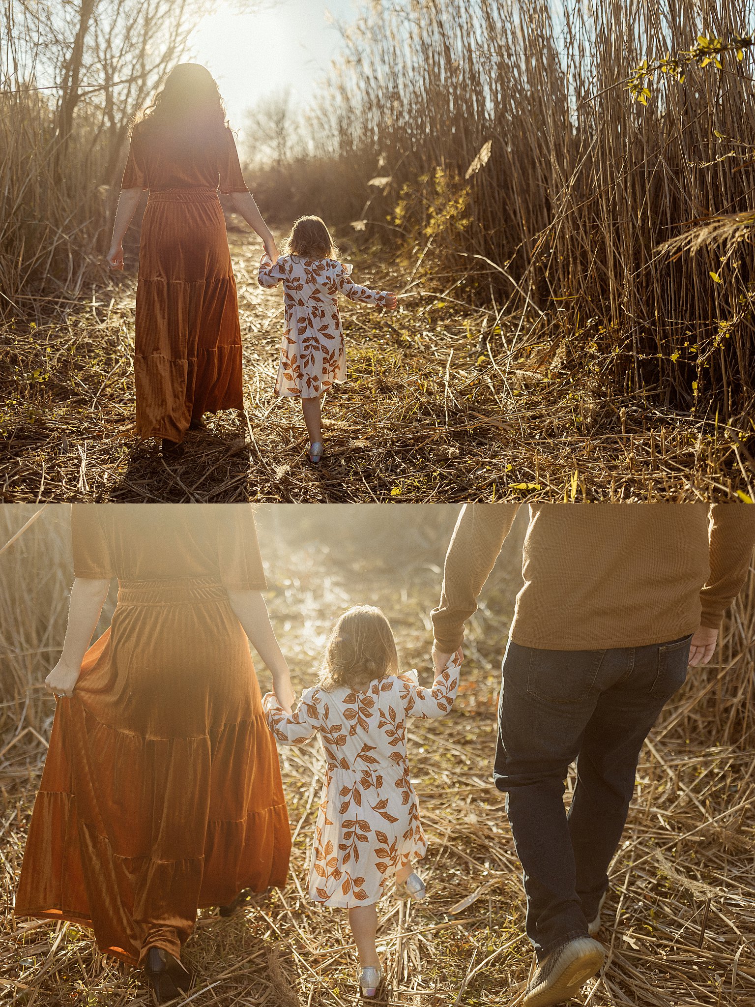parents hold hands of child as they walk together by Nikki Meer Photography