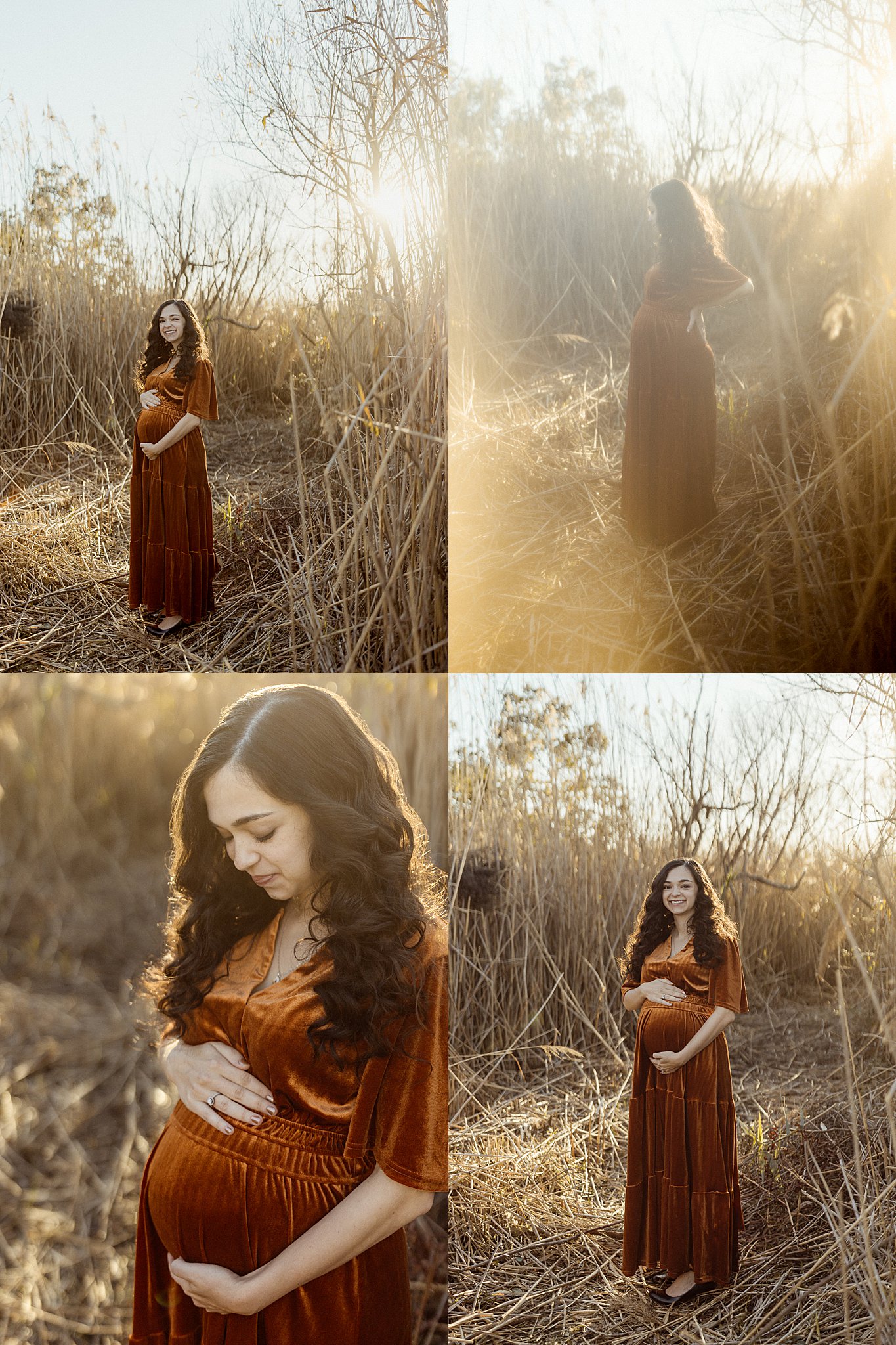 pregnant mama holds her belly in tall brown grass as sun streams in by Outdoor Maternity Session